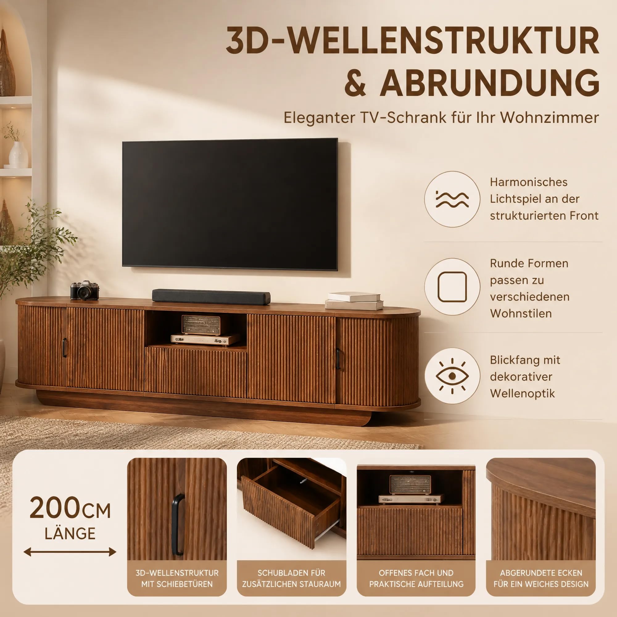 200cm Ovaler TV Schrank mit 3D-Wellenstruktur Schiebetüren