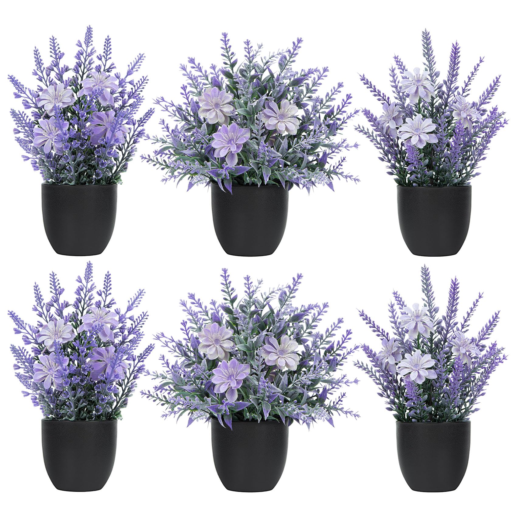 Woltoy Artificial Plants 6 Pcs Fake Plants Indoor Purple Lavender, Artificial Flowers in Pot for Kitchen Windowsill Home Decoration