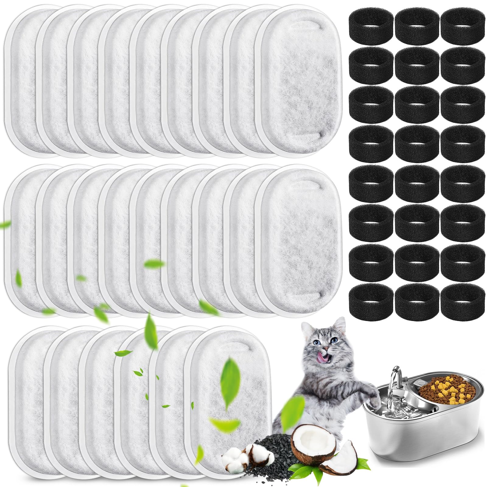 Yizhet 48 Pack Cat Water Fountain Filters, Replacements for 12-24 Months, with 67oz/2L & 108oz/3.2L & 135oz/4.0L Stainless Steel Pet Fountains (24