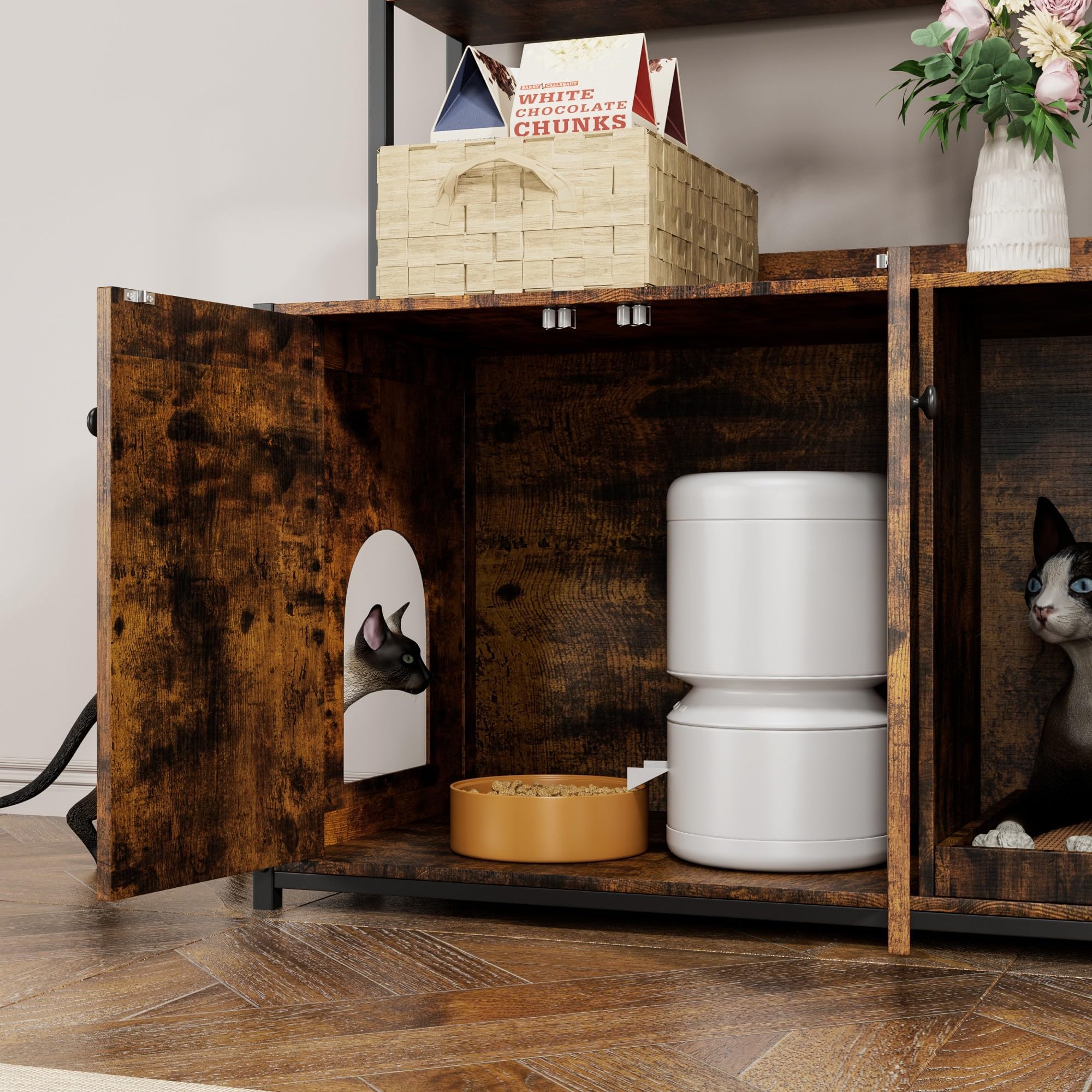 Katzenschrank, Vintage Katzenklo Schrank Versteckt, Mit Großem Regal Und Kratzbrett Für 2 Katzen, Stabiles Katzenhaus Für Wohnzimmer Schlafzimmer, Braun 132x45x90 cm