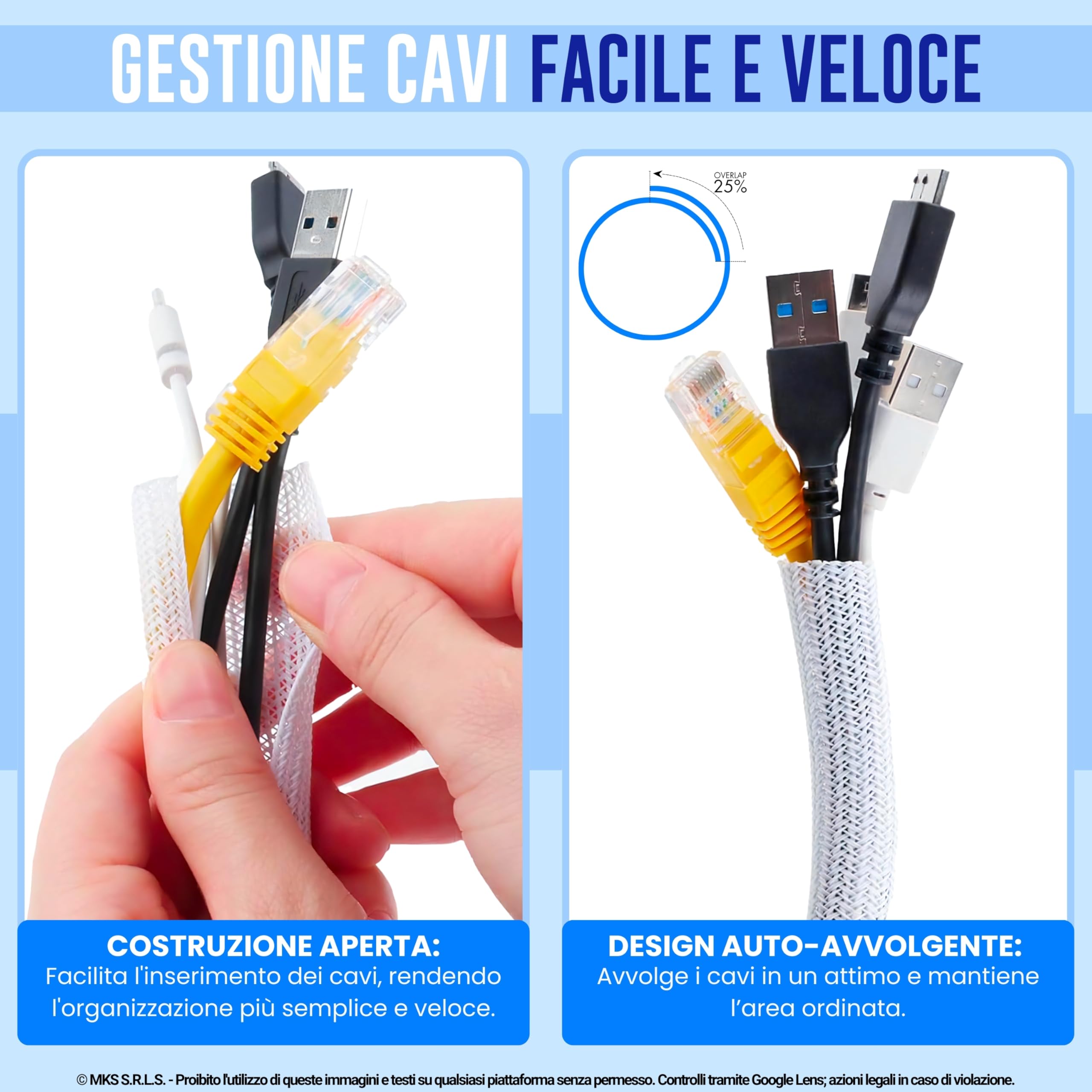 Guaina Cavi SELF-CLOSING Ø 6mm, L 8mt • Raccogli e Nascondi Cavi • Ideale per Scrivania e TV • BIANCO