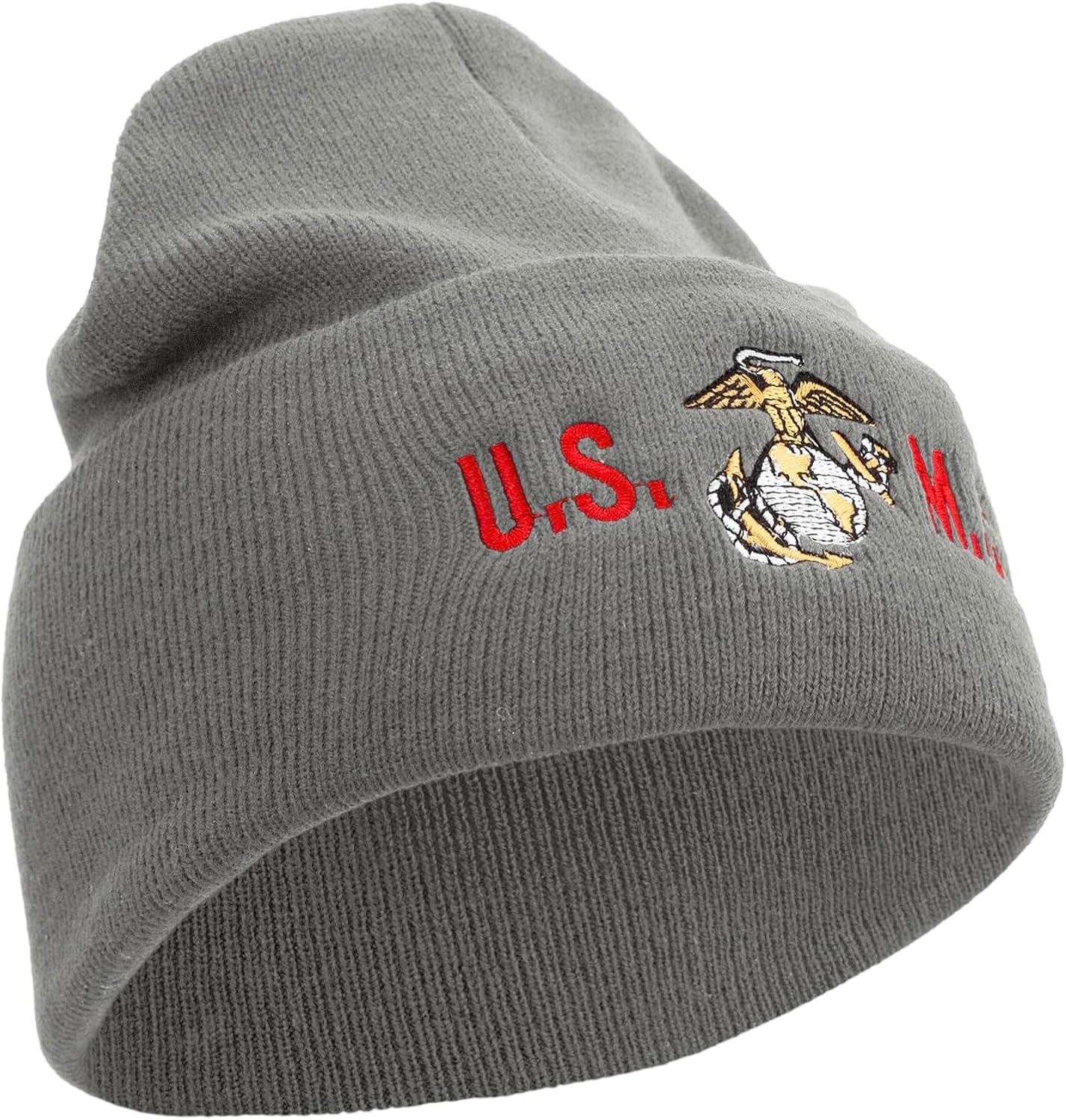 USMC Logo Embroidered 12 Inch Solid Knit Cuff Long Beanie Made in USA