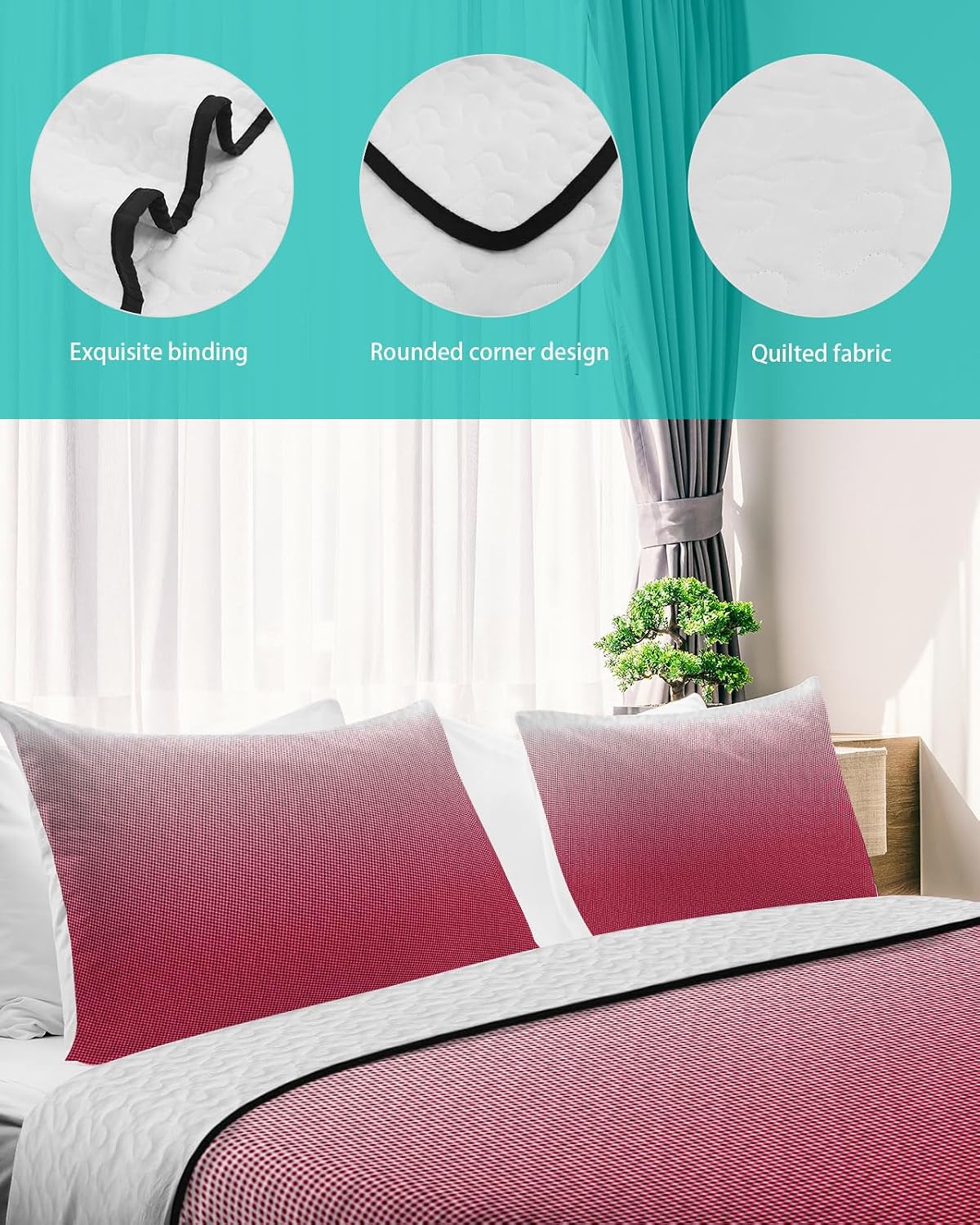 Queen Size Quilt Set, Red Gradient Lightweight Bedspread Coverlet Set Soft Microfiber Summer Quilt with 2 Pillow Shams, Plain Single Bright Color 3 Piece Comforter Bedding Set