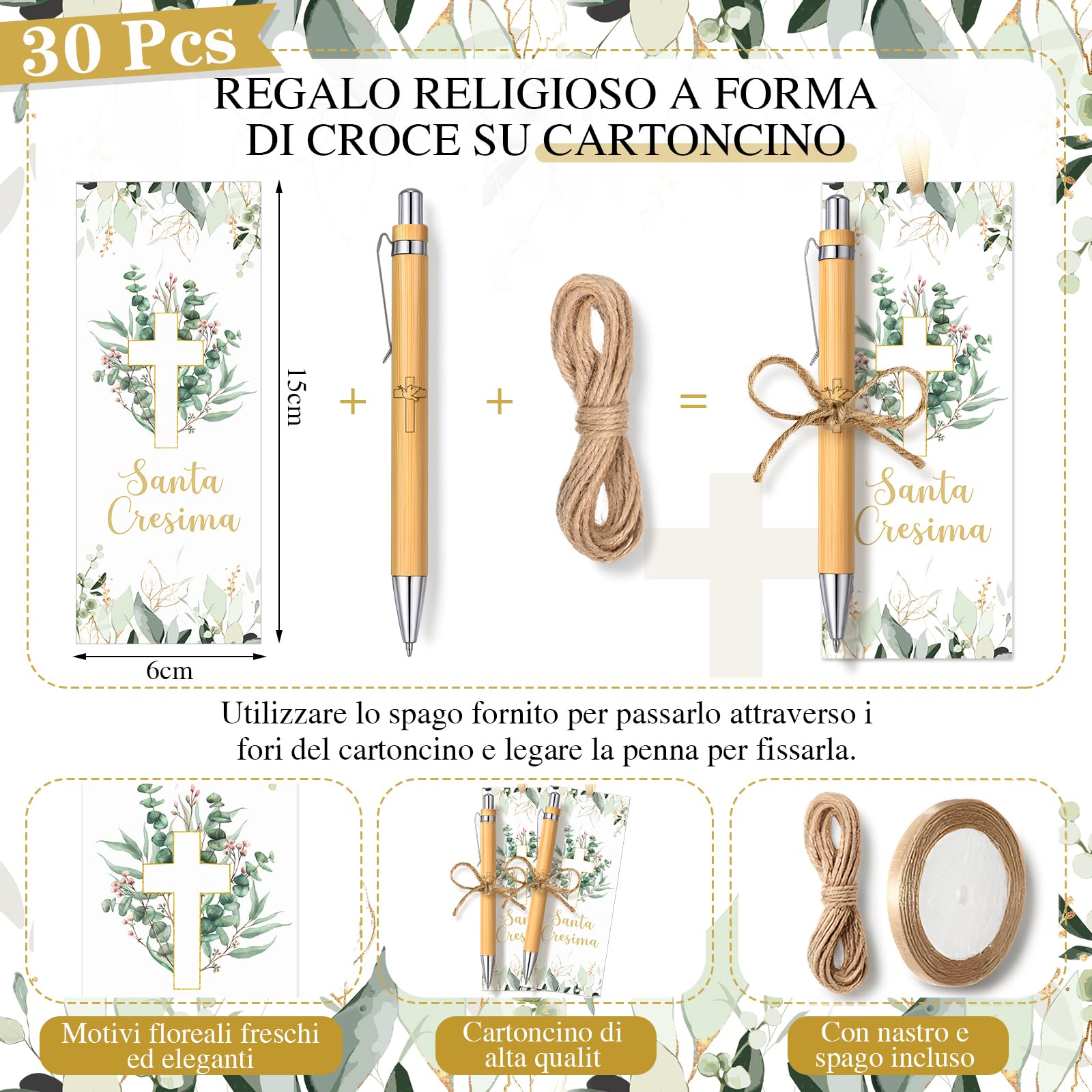 Tenare 30 Set Regali di Santa Cresima Regali Cristiani per la Prima Comunione Accessori per la Bibbia della Chiesa per Gli Ospiti Include Biglietti Religiosi con Croce Penne a Sfera Nastro e Corda