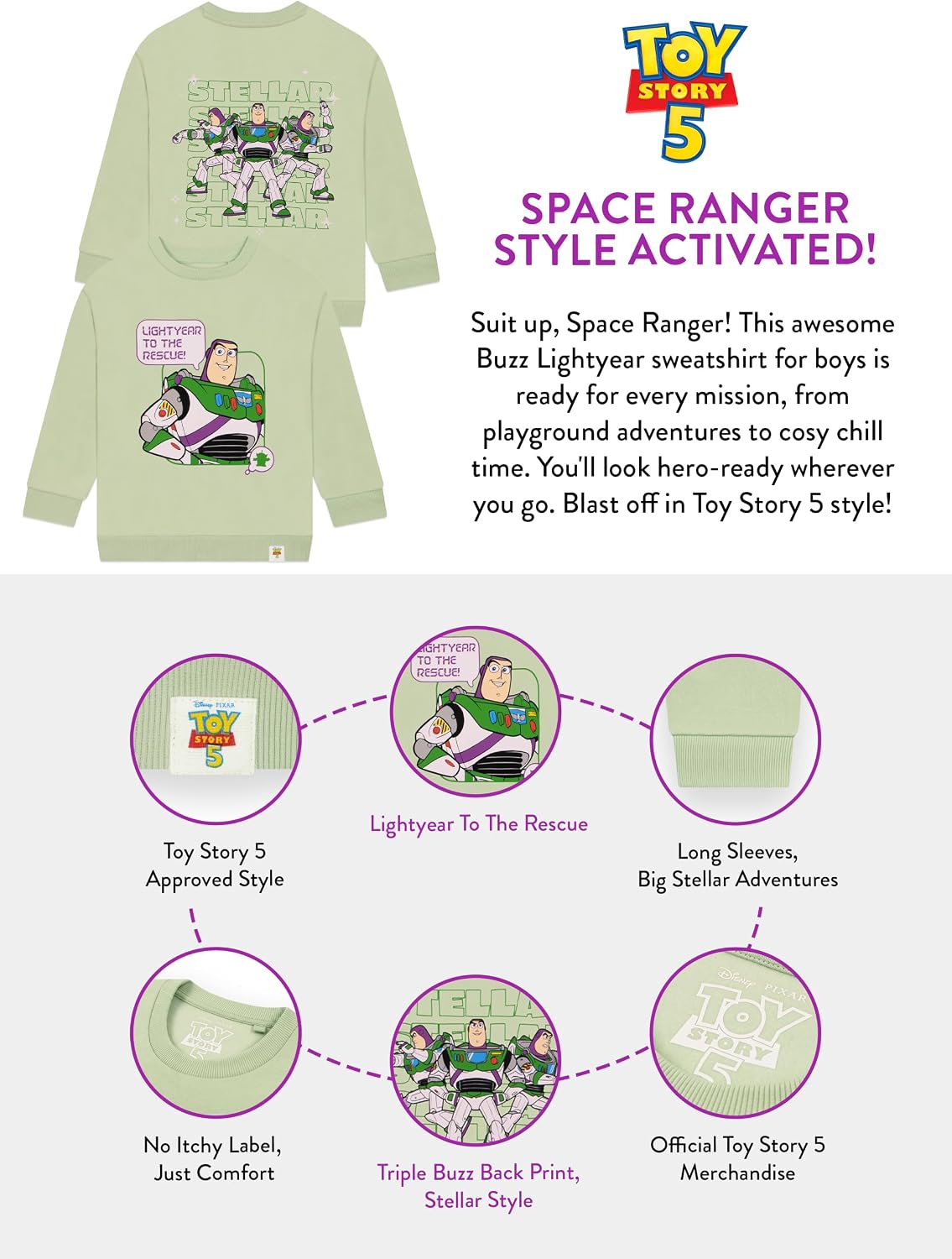 Disney Toy Story Boys Sweatshirt, Buzz Lightyear Kids Sweaters, Summer Hoodies For Boys, Green 6
