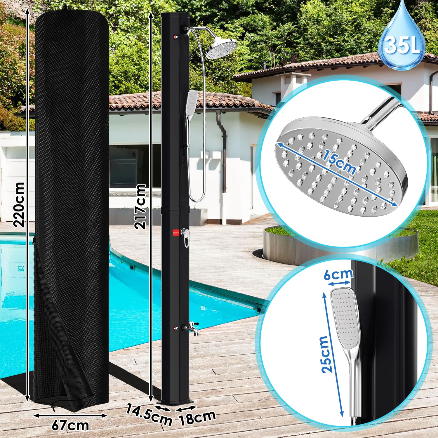 Eulenke Solardusche 35L Solar Gartendusche mit 360°Regenduschkopf, Wasserhahn und handbrause, Warmes Wasser Max. 60℃, ohne Stromanschluss, Pooldusche mit Schutzhaube-Ablassschraube, Schwarz