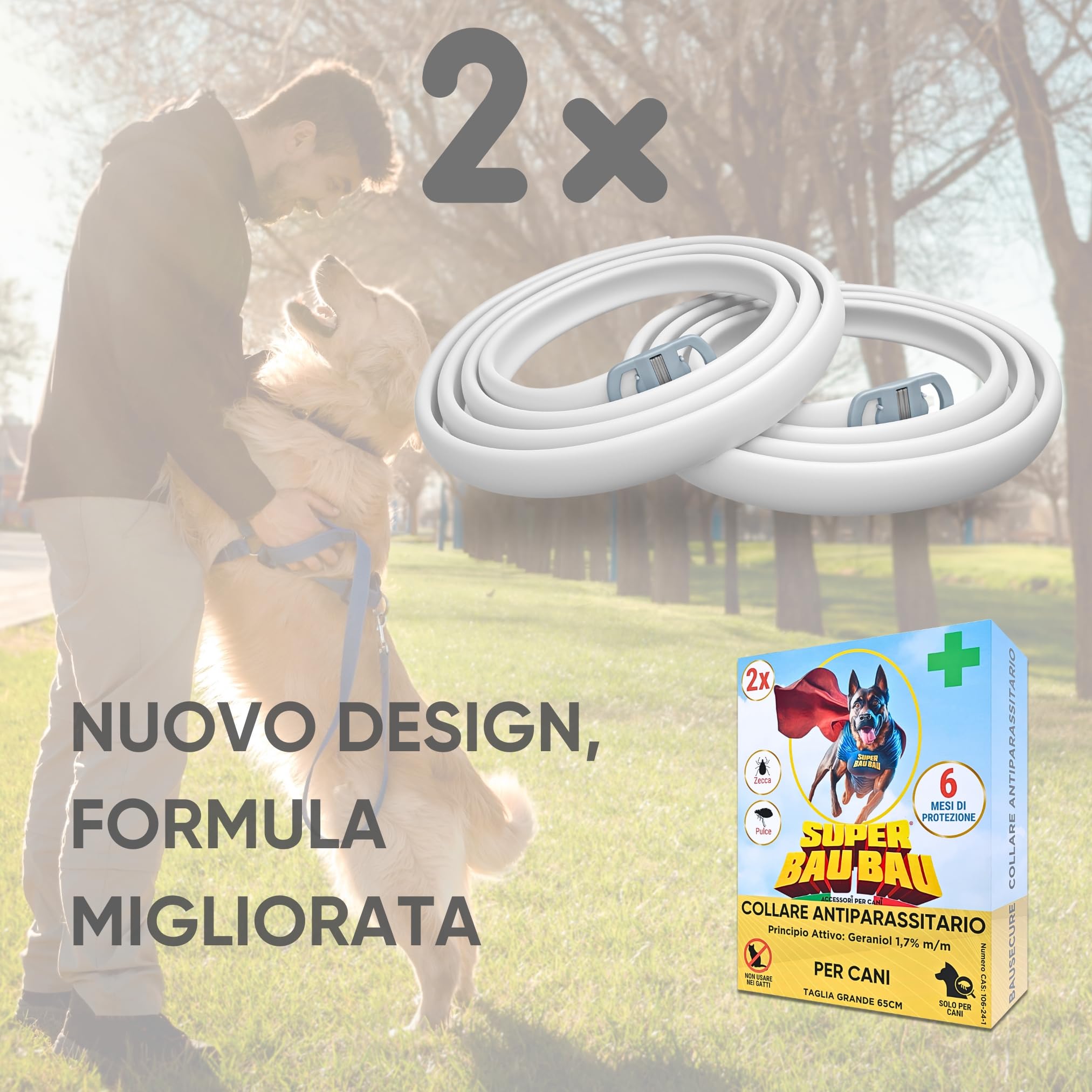 Collare Antiparassitario per Cani - Confezione da 2, Antipulci, Antizecche, Anti Zanzare, Impermeabile, Efficace per 12 Mesi, 65cm per Cani oltre 8kg