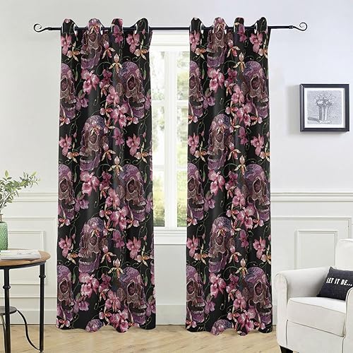 Cortinas opacas bordadas de calavera de 84 pulgadas, cubierta de ventana para dormitorio y sala de estar, cortina divisora de sala de estar,