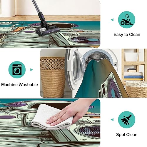 Miniatura 5 de Alfombra lavable de astronauta, Boombox, audio y música, arte retro de 9 x 12 pulgadas, alfombra grande antideslizante que no desprende pelusa,