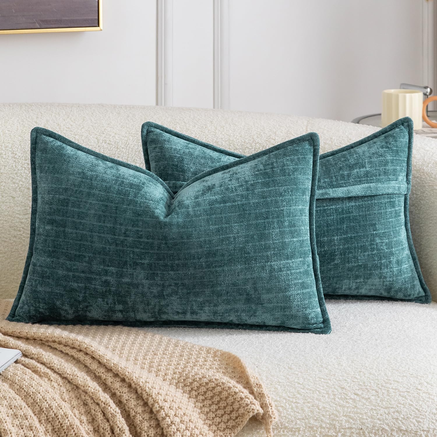 Madizz Pack of 2 Decorative Striped Cushion Covers Vintage Boho Soft Chenille Throw Pillows Luxurious Pillow Cases for Couch Sofa Bedroom Living Room 30x50 CM, Dark Teal