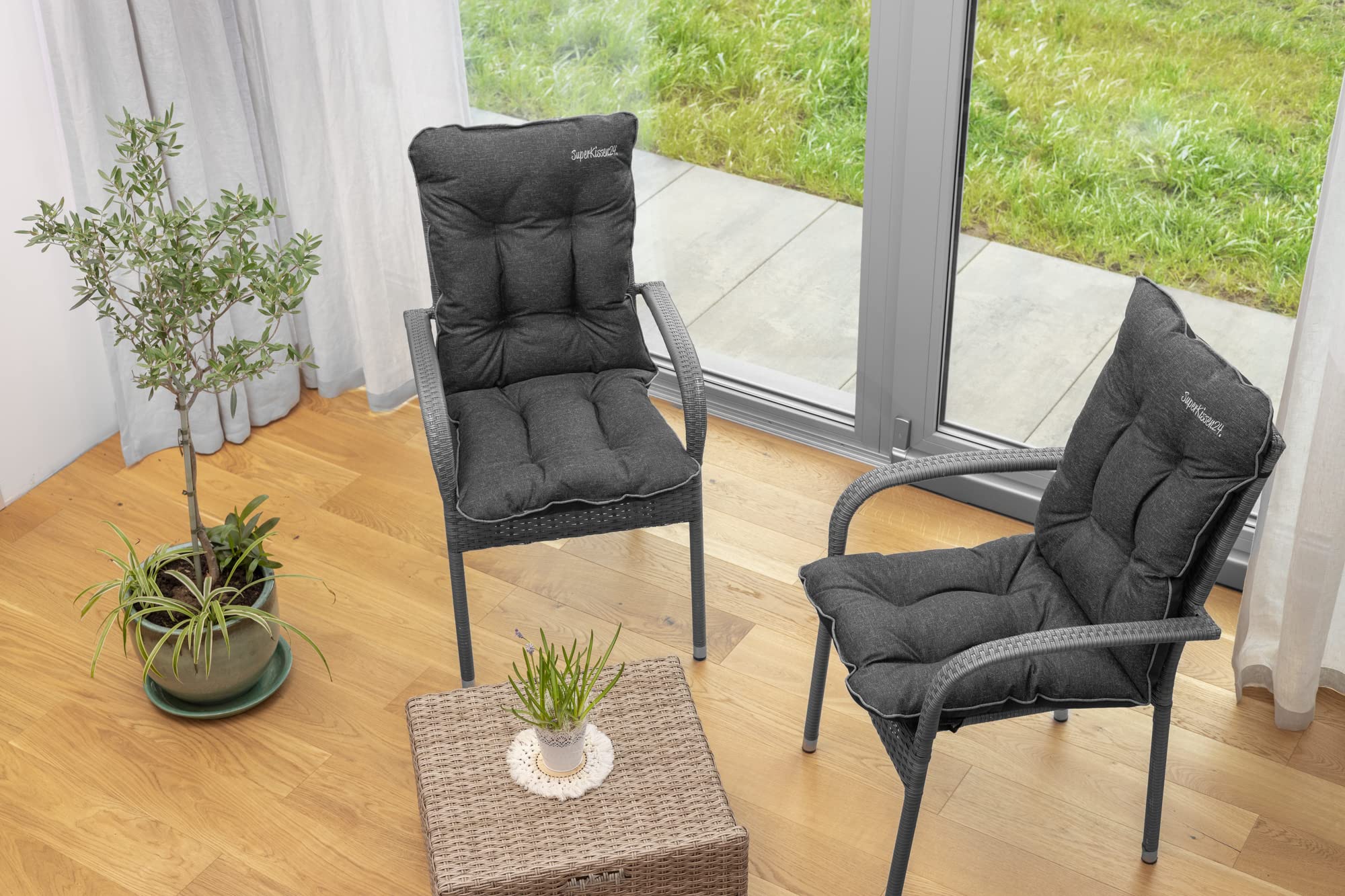 SuperKissen24. Set di 4 Cuscini per Sdraio 48x48x48 cm da Esterno ed Interno Resistente e Comodo per Sedie Reclinabili, Spiaggine e Poltrone da Giardino - Lino Nero