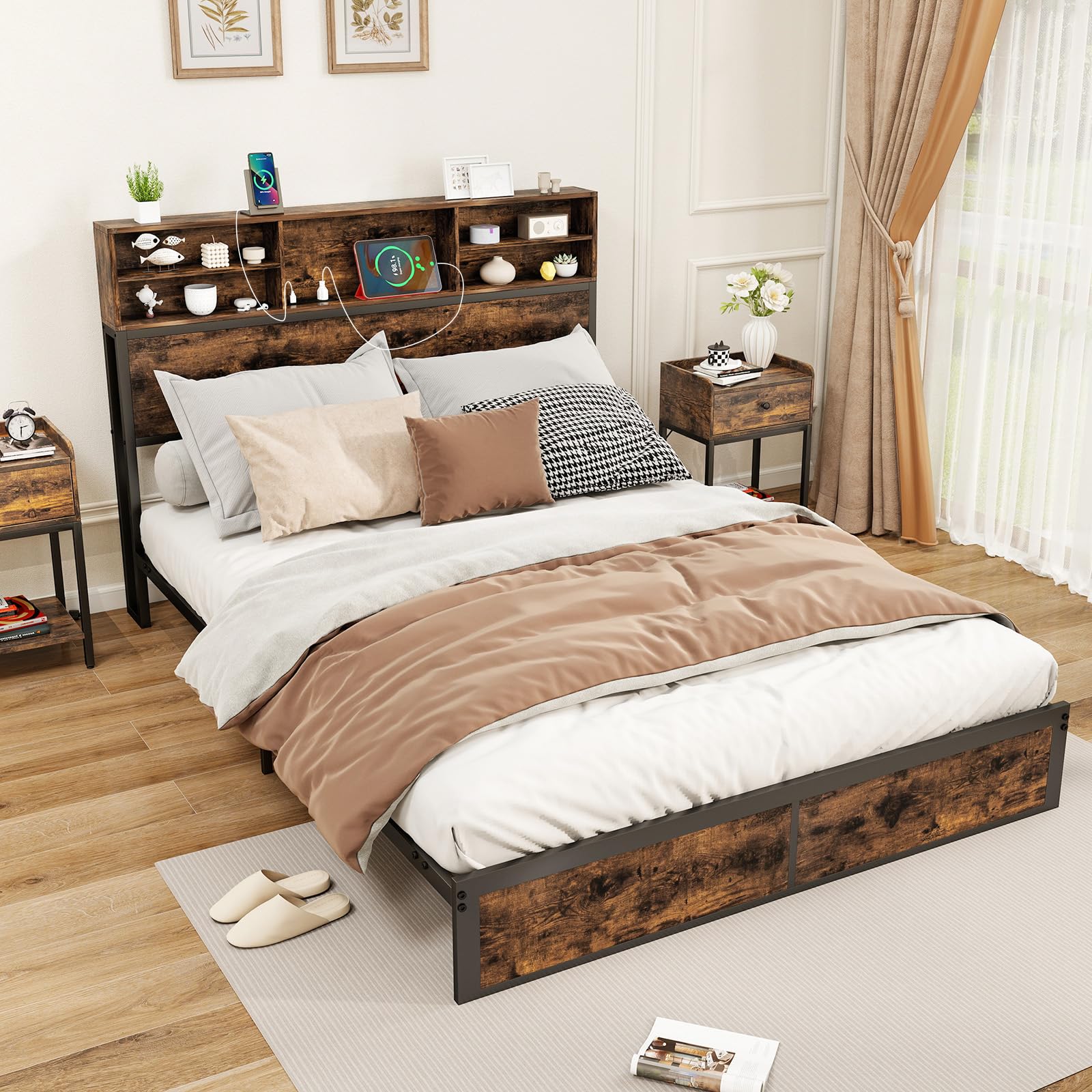COSTWAYSingle/Double/King Size Bed Frame with Charging Station, Storage Headboard and Underbed Space, Industrial Metal Slats Support Platform Bed Base Mattress Foundation (Rustic Brown, 5FT King)