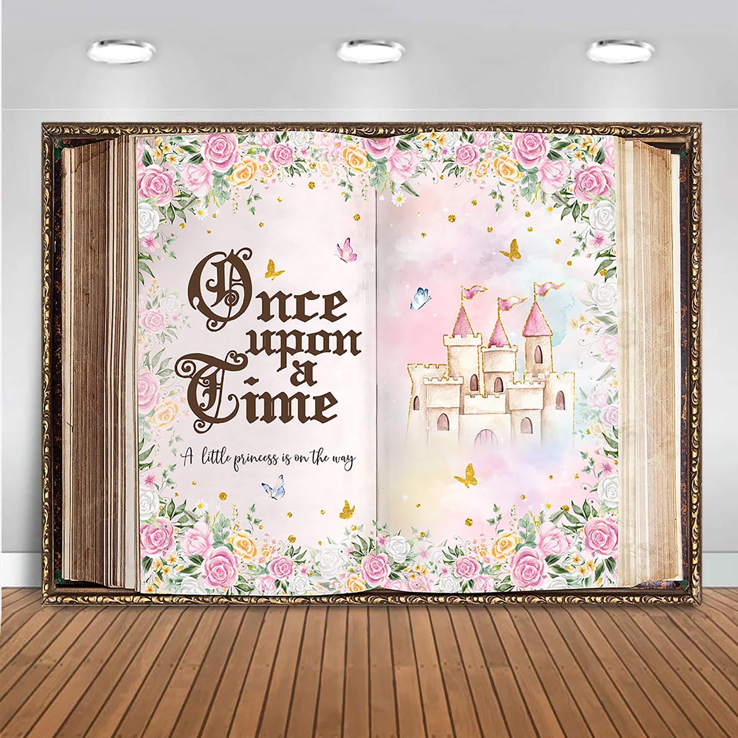 Mocsicka 7x5ft Once Upon a Time Backdrop Pink Floral Princess Castle Background Banner Girls Fairytale Storybook Theme Baby Shower Decorations Photo