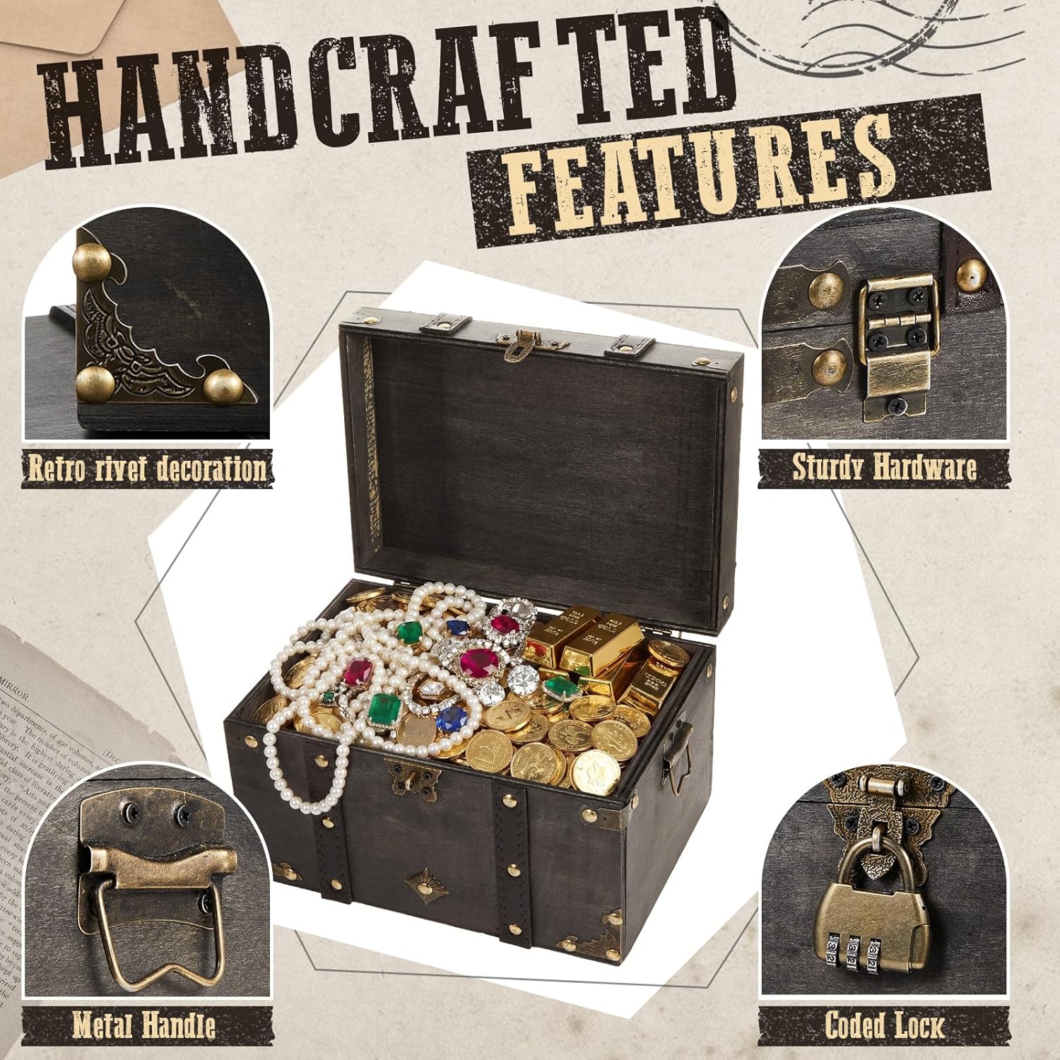 Vicenpal 2 Wooden Treasure Chest with Combination Lock, 9.5 x 7 x 6 & 7 x 4.33 x 4 Inches, Handmade Vintage Pirate Chest, Decorative Keepsake Boxs Gift Ideal for Jewelry Rings Pill Coins Storage, Grey