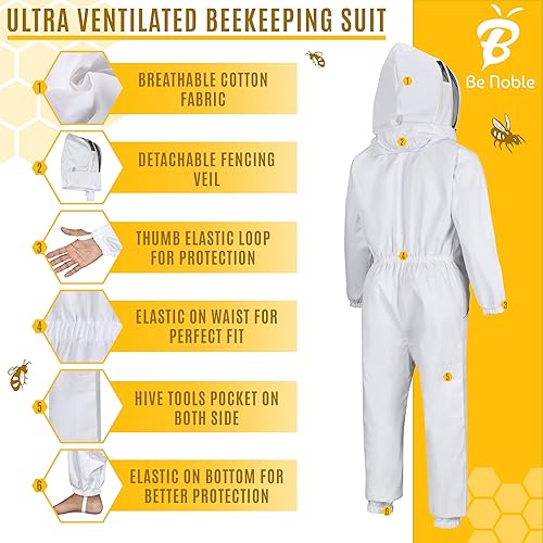 Miniatura 3 de Be Noble Traje de abeja a prueba de picaduras con un par de guantes de apicultor, traje profesional de apicultura con velo de esgrima extraíble. (XL)