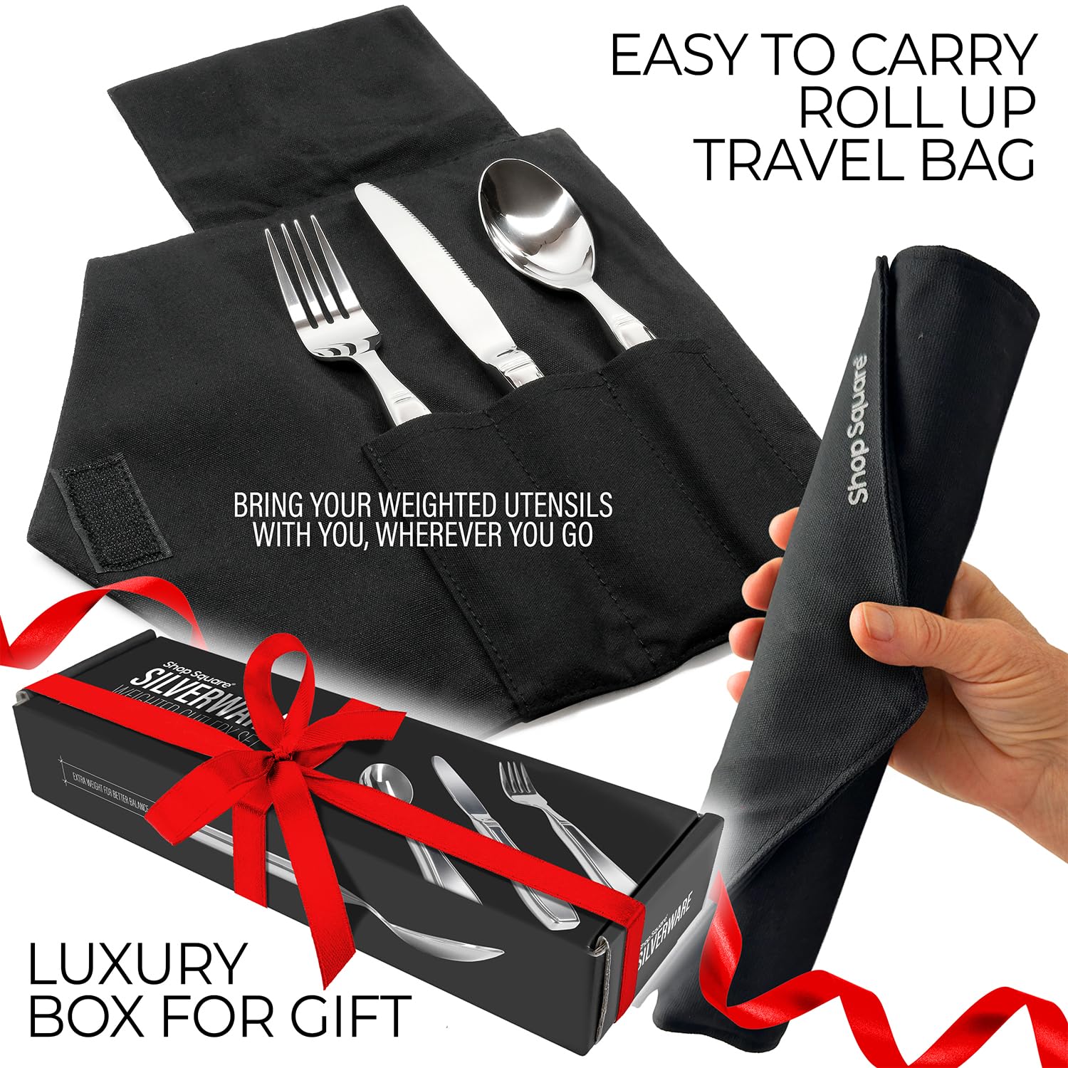 Utensilios pesados para temblores de manos y pacientes con Parkinson, juego de 3 piezas de cubiertos con peso para ancianos, artritis, agarre débil de la mano, práctica bolsa de viaje, acero