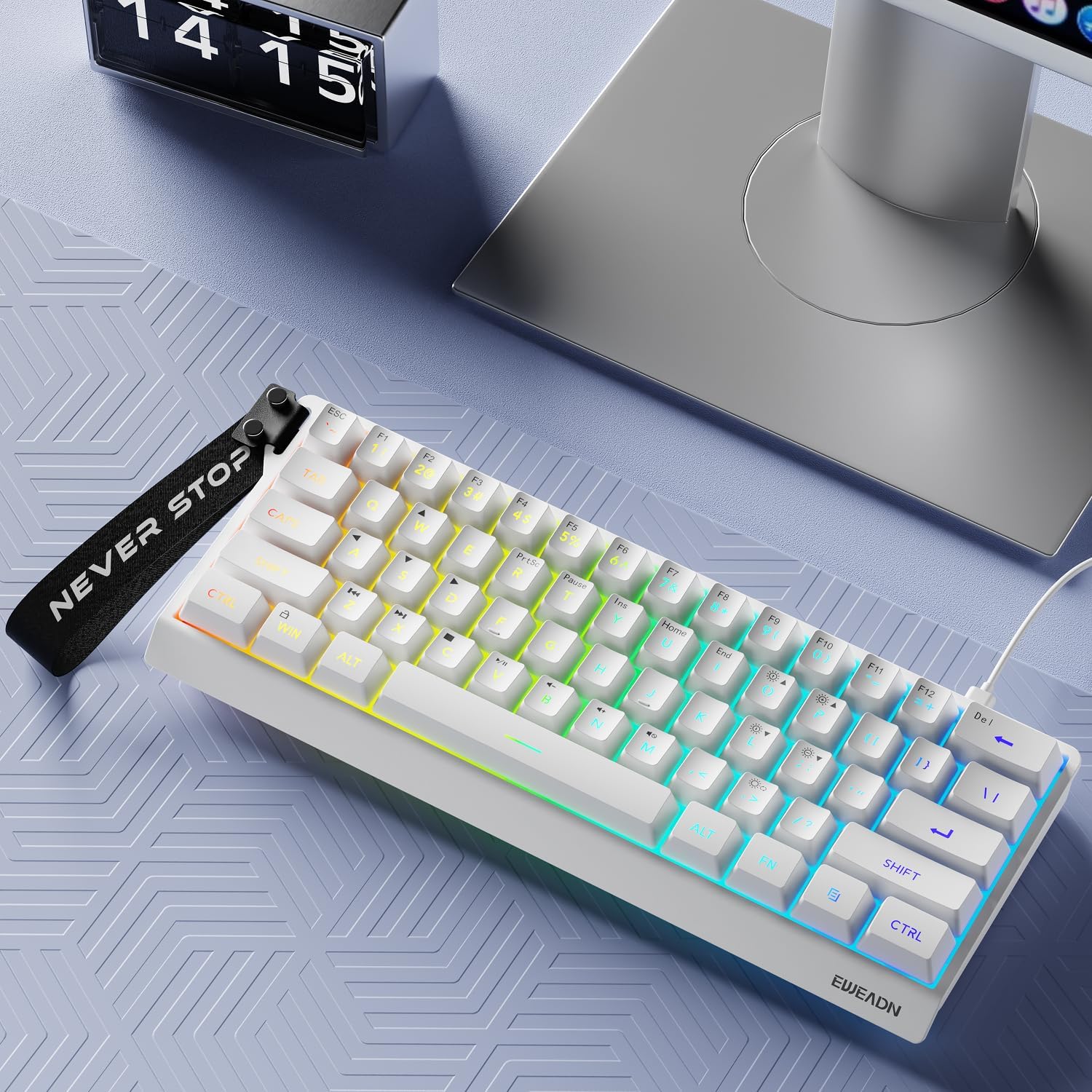 EWEADN F61 60% Gaming Keyboard Wired, RGB Backlit Membrane Gaming Keyboard with PBT Keycaps, Compact Design, Lanyard Wired Keyboard for Mac/Win-White