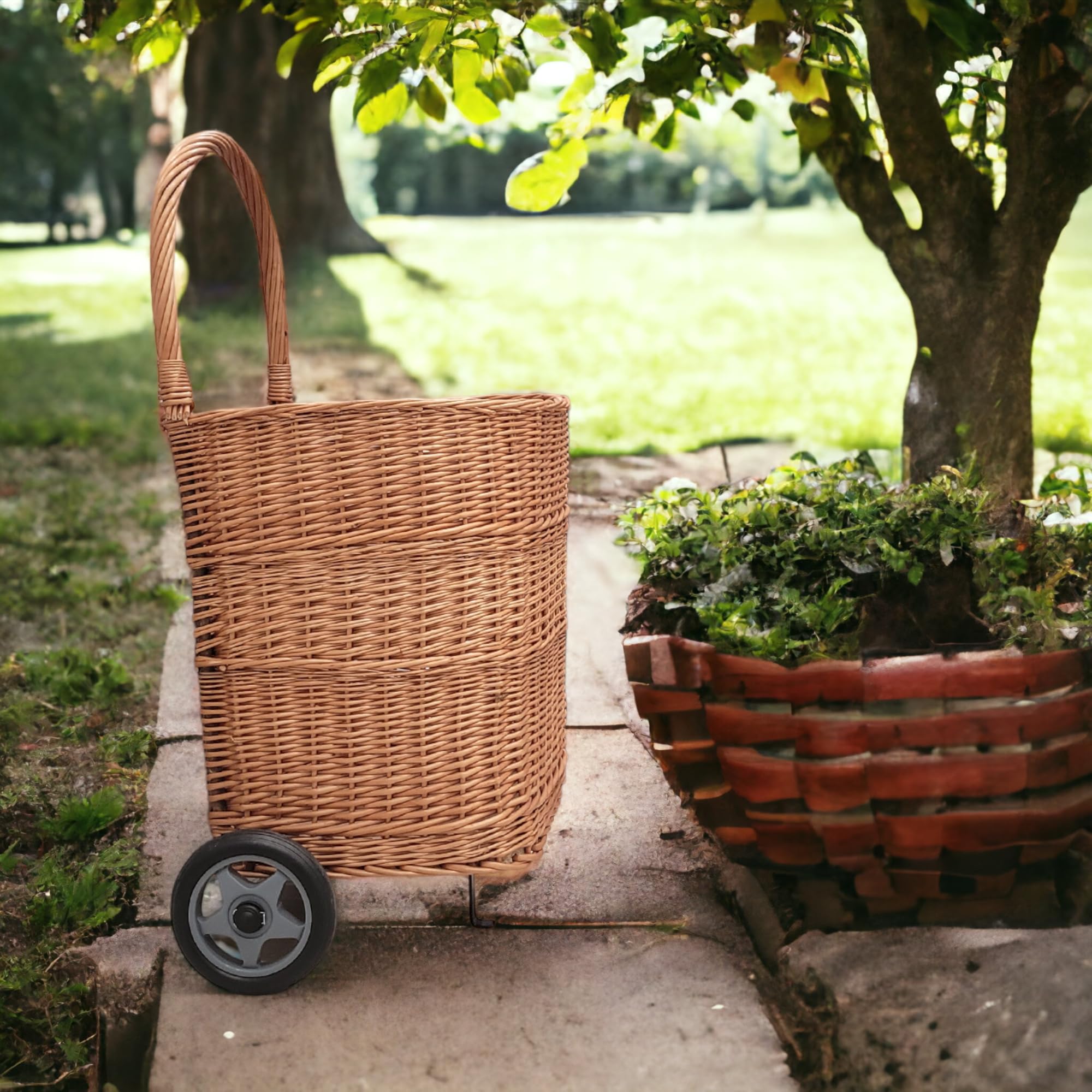 Carrello per la spesa – Cestino per il trasporto in vimini con ruote per la spesa o per legno – Carrello leggero – Cestino in legno in vimini