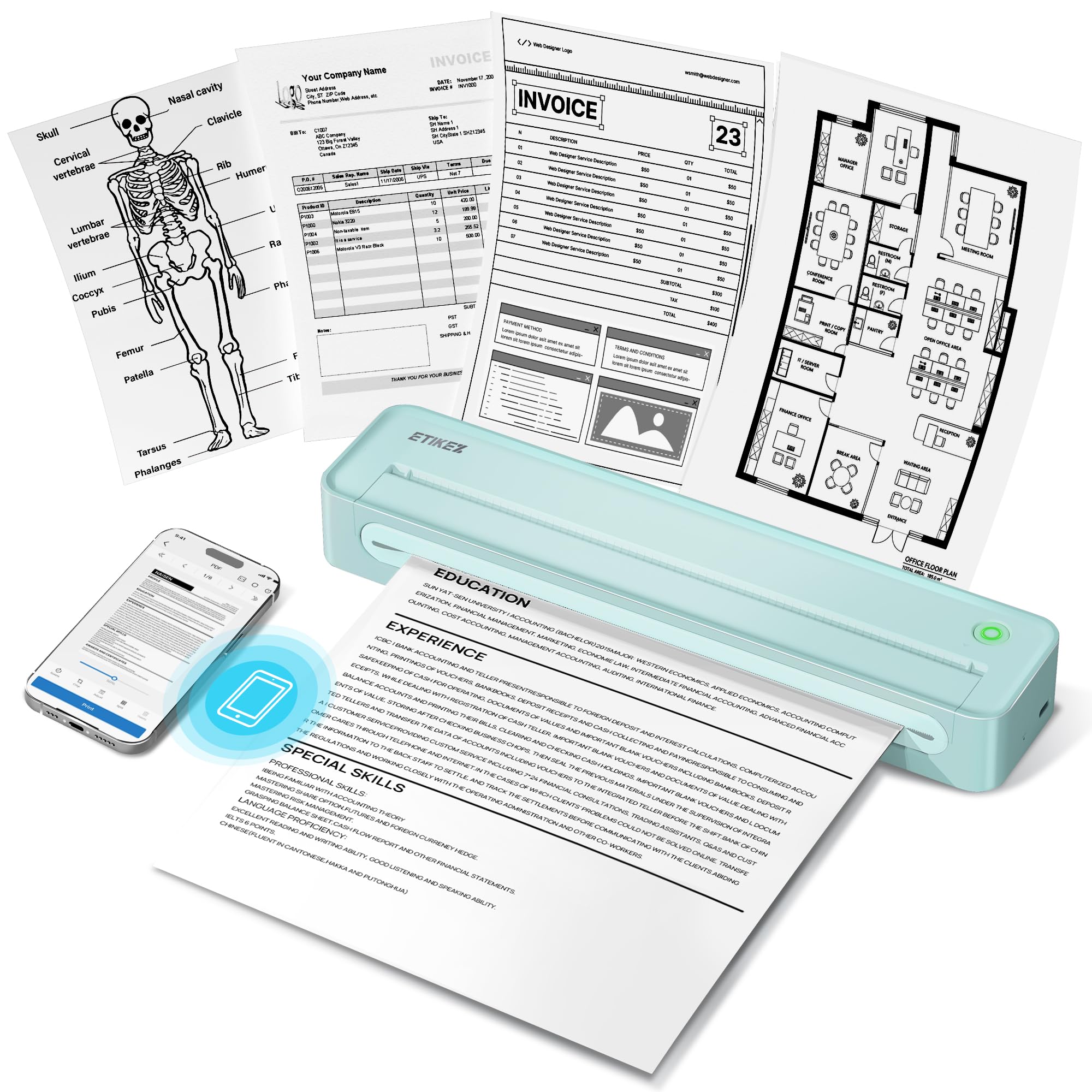 ETIKEZ D90E Thermodrucker A4, Mobiler Tragbarer Drucker, Grün | Mono-Thermodrucker für Unterwegs, Büro, Schule, kompatibel mit Windows/macOS/iOS/Android, 1 Pack + 10 Blatt Thermopapier