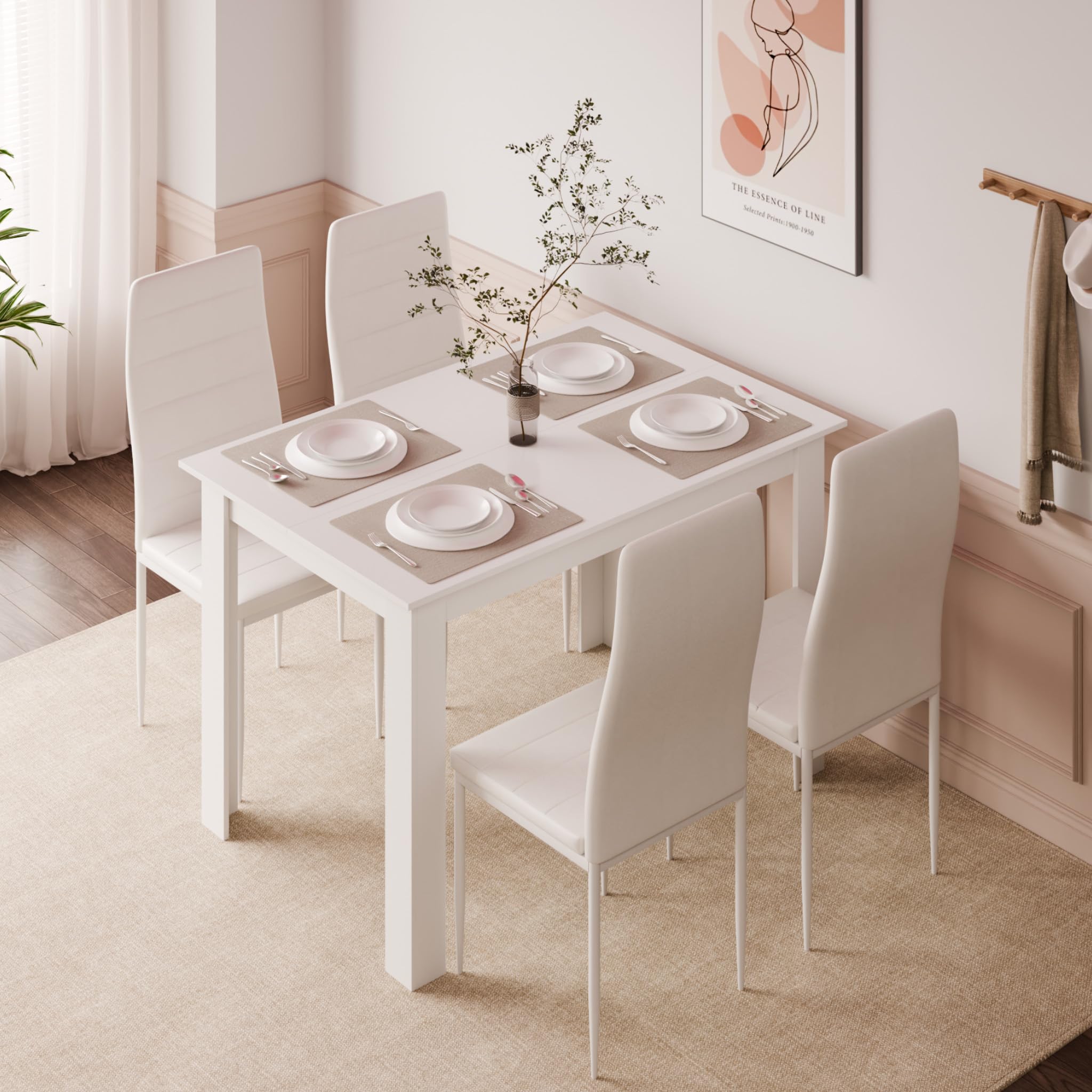 Mondeer Esstisch mit 4 Stühlen Set, Essgruppe mit Hochlehner Kunstleder Stuhl für Küche Esszimmer Wohnzimmer, W120 x D80 x H75 cm, Weiß