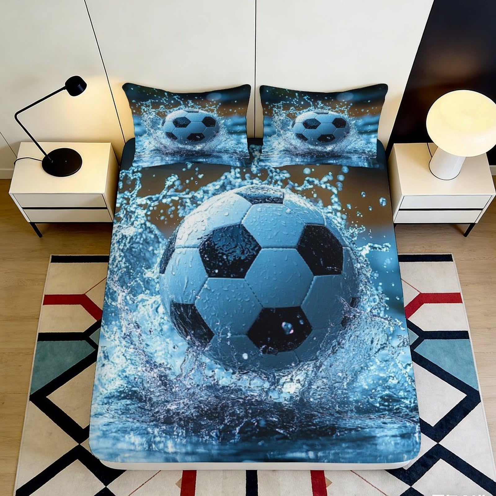 3D Printed Splash Soccer Fitted Sheet Microfiber Soft Breathable Water Ball Bed Cover for Bedroom Guest Room Decor 90x200x25cm