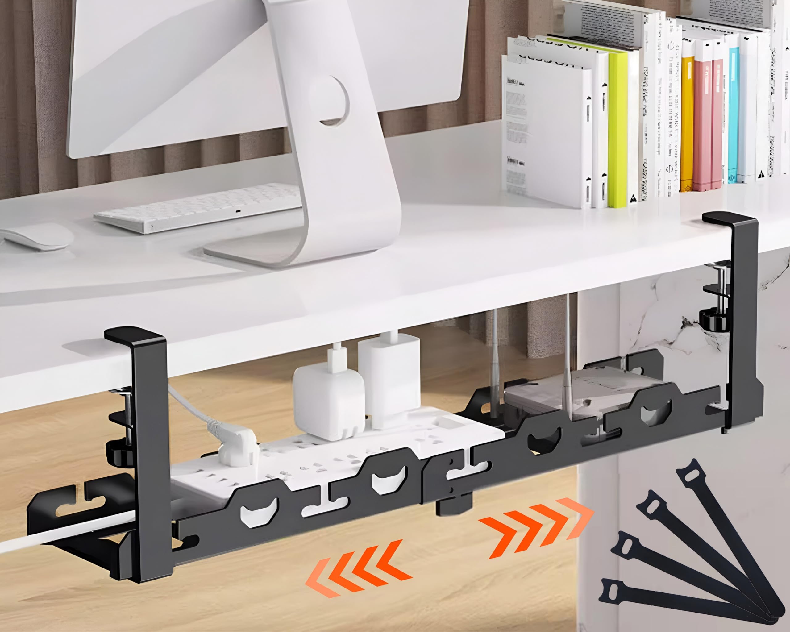 Photo 1 of No Drill Under Desk Cable Management Tray, Desk Wire Management Tray,Desk Cable Tray with Clamp, High Capacity Metal Cord Management Under Desk for Home Office (1 Tier, Retractable) 1 tier Retractable