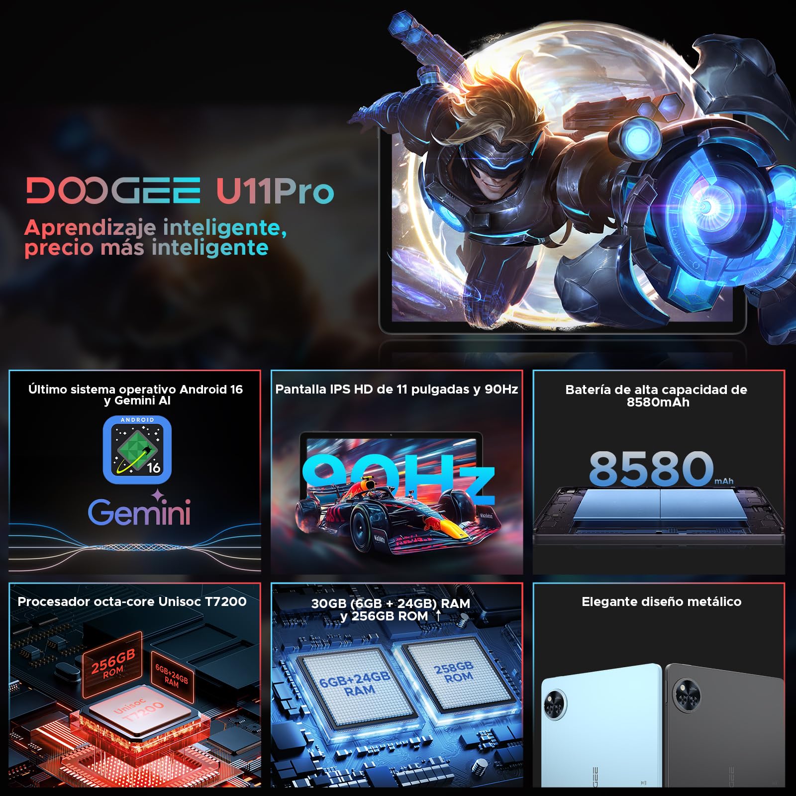 U11 Pro Android 16 Tablet 11 Pulgadas, 30GB RAM+256GB ROM/2TB TF, Tablet Gaming Octa-Core, HD IPS 90Hz, 8580mAh Batería, WiFi 5/ Widevine L1/ 13MP+5MP/Face ID/GMS/3.5mm Jack Tablets para Niños