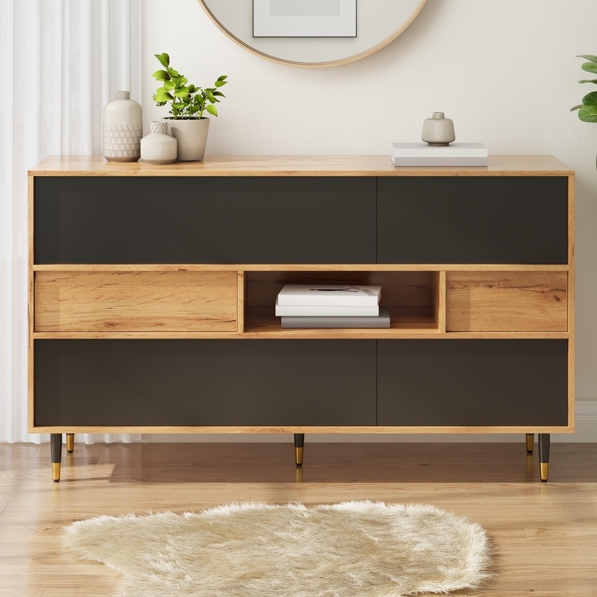HAINEW Komoda z 4 drzwiami i 2 szufladami, szafka bufetowa, szafka pomocnicza, szafka do przechowywania, szafka kuchenna z 1 otwartą półką, 140 x 40 x 84,5 cm, kolor naturalny + czarny, HD26062504