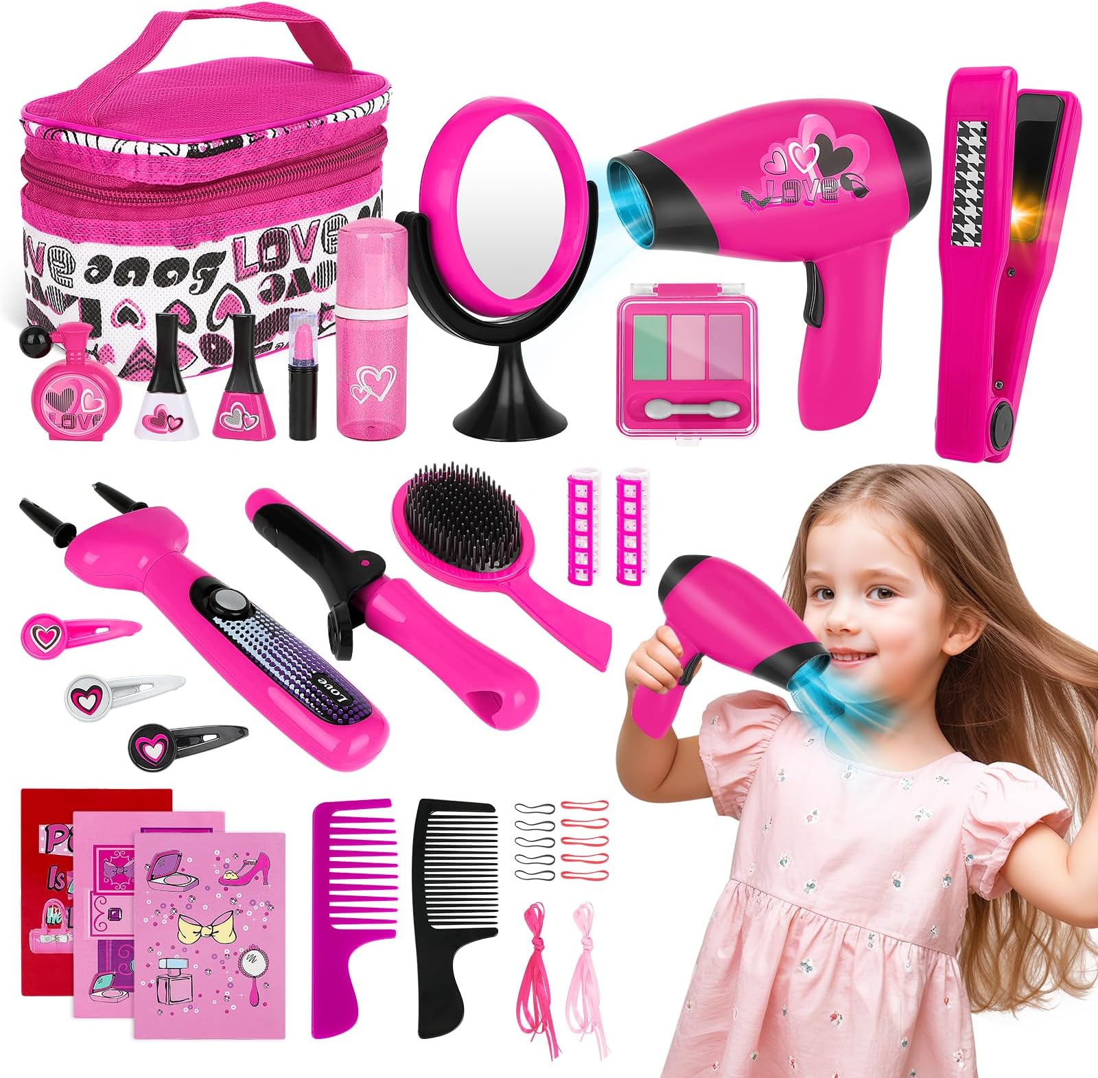 deAO Vanity Handbag Beauty Set for Girls Styling Pretend Makeup and Accessories Playset Including toy Camera and Toy Phone (Hair Styling Set)