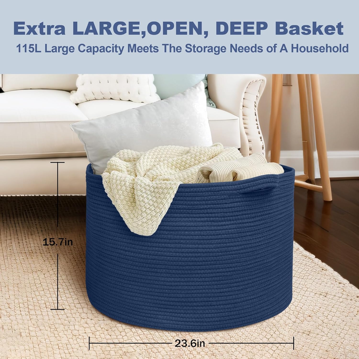115L Dark Blue Basket for Organizing, 23.6" x 15.7" XXXL Woven Cotton Rope Laundry Basket, Oversized Blanket Storage for Living Room Bedroom, Kids Toy Box Organizer, Pool Towel Storage Bin
