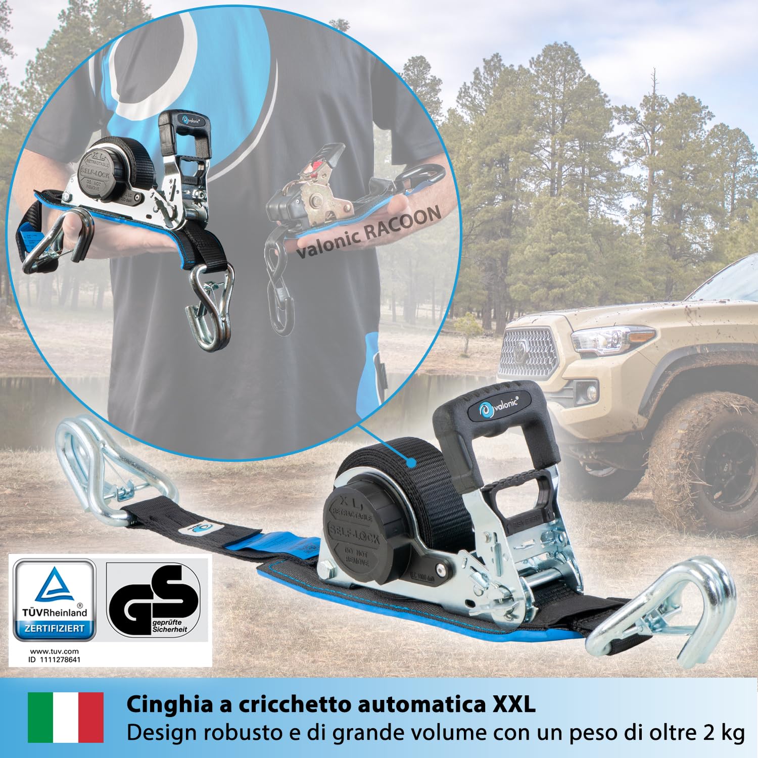 valonic GRIZZLY - 2x 5m XXL Cinghie di fissaggio automatiche con gancio a moschettone, 35mm, 800/1600 Kg, imbottite, certificate TÜV Rheinl. e GS, EN 12195-2 - con cricchetto, nero