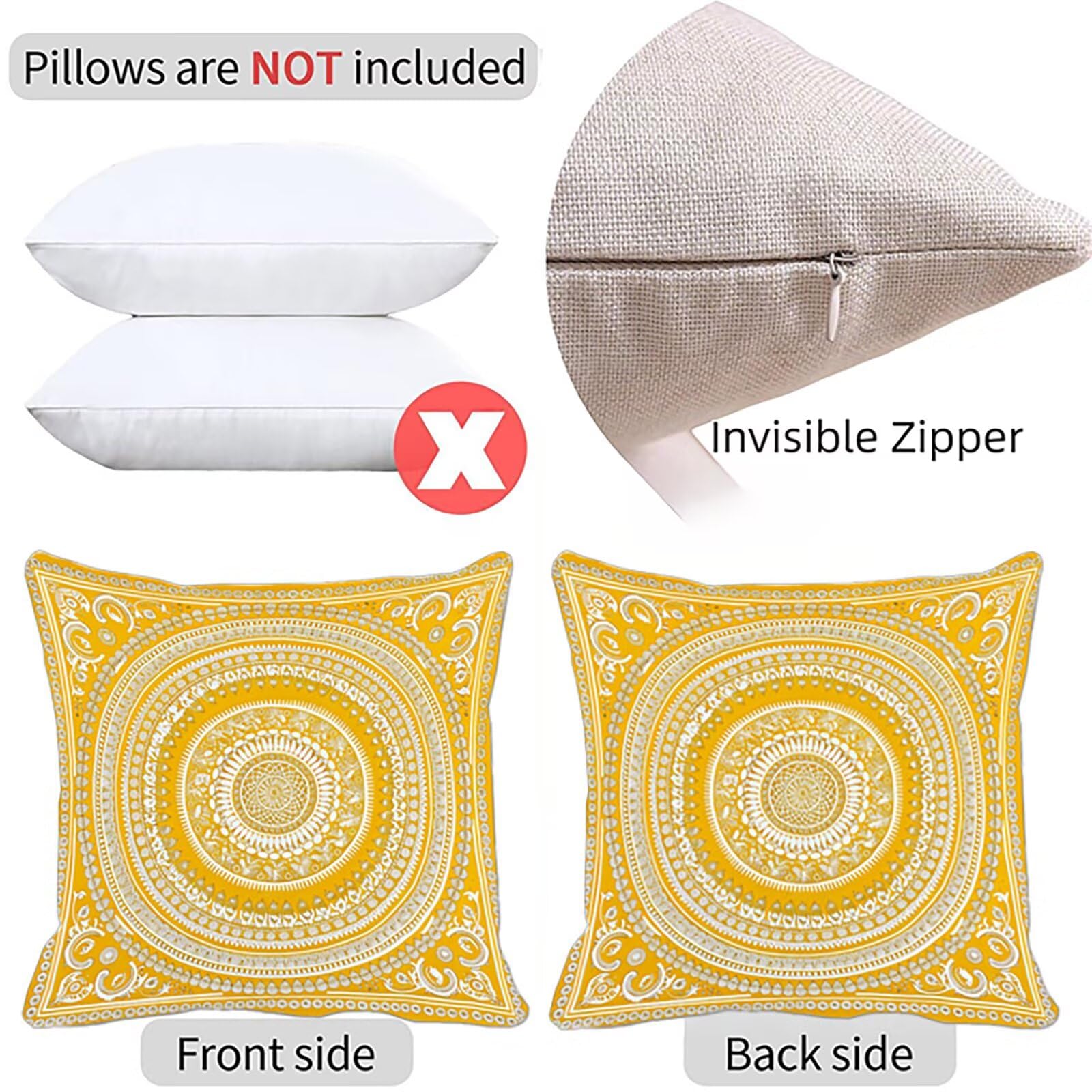 Kissenbezug 60x60 cm Muster 4er Set Sofakissen Superweichem Doppelnähten Versteckter Reißverschluss Gelb Outdoor Kissen Leinen gelten für Auto Terrassen-Gartenbank Wohndeko Schlafzimmer Sofa 8-L