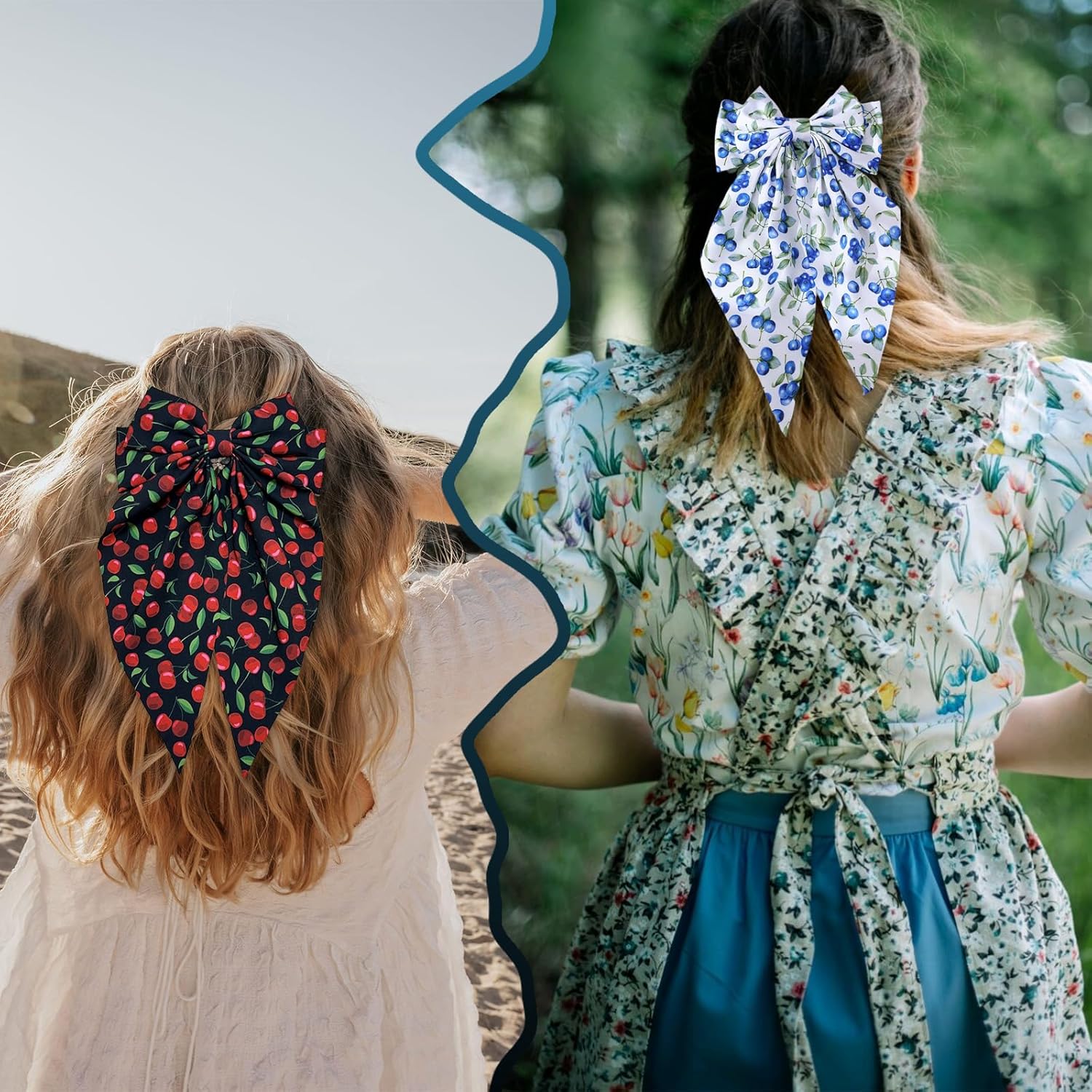 Hair Bows Big Bow Hair Clips with Long Tails Cherry Blueberry Grapes Pattern Hair Bows Clips, Cute Bow Accessories for Women Girls Daily Holiday Gift 4 Pcs - Image 2