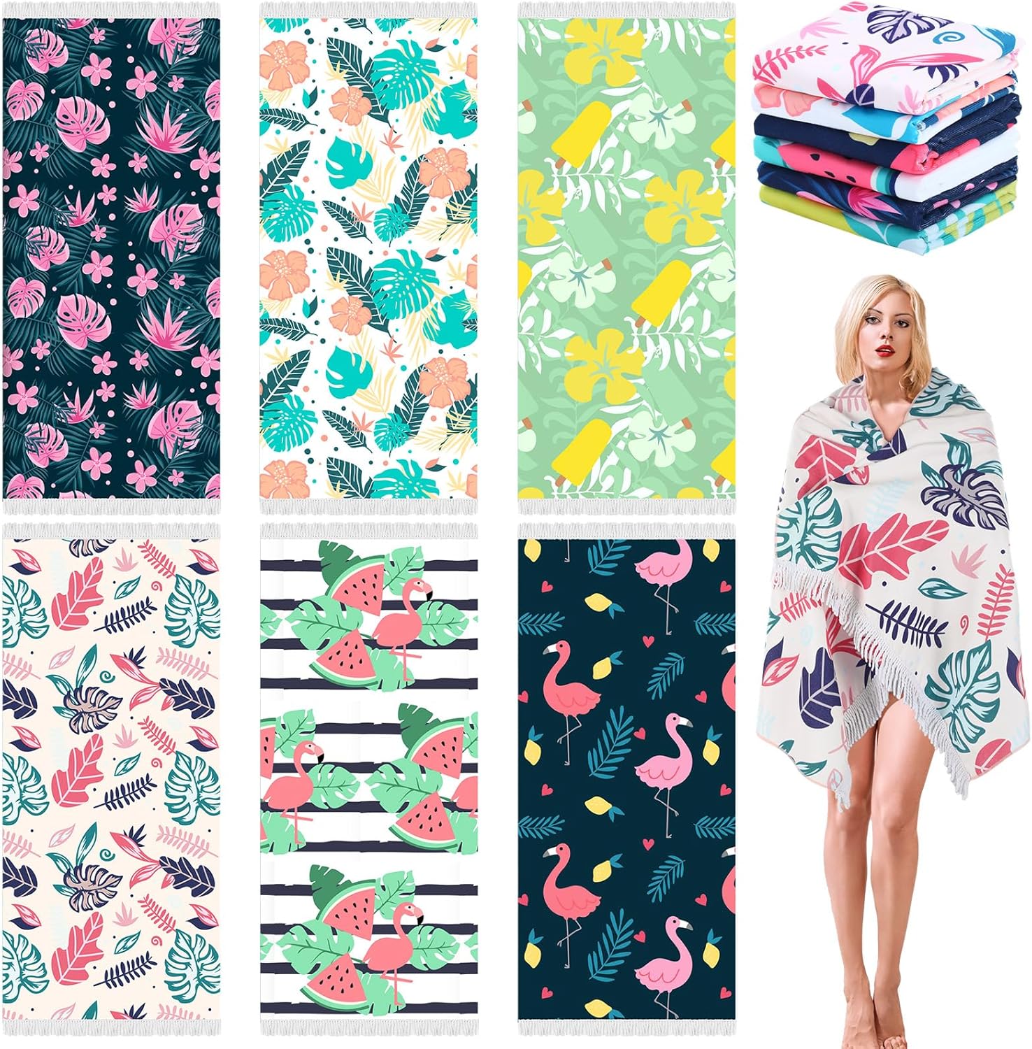 FuWeave 6 Pack Microfiber Oversize Turkish Beach Towel 27 x 59 Inches Large Absorbent Sand Beach Towels Bulk Quick Dry Lightweight Bath Towel Blanket for Travel Camp Swim Pool Gym Sport(Hawaii)