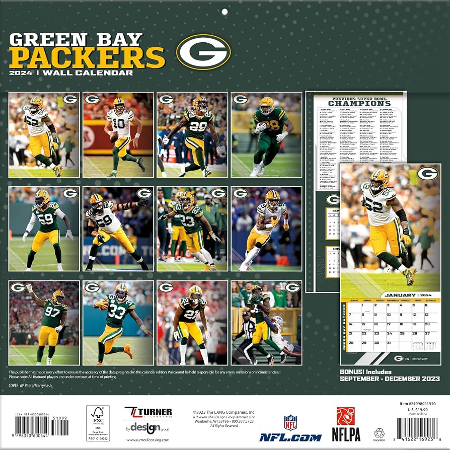 Green Bay Packers Calendrier Murale 2024 12x12 - Calendrier équipe NFL