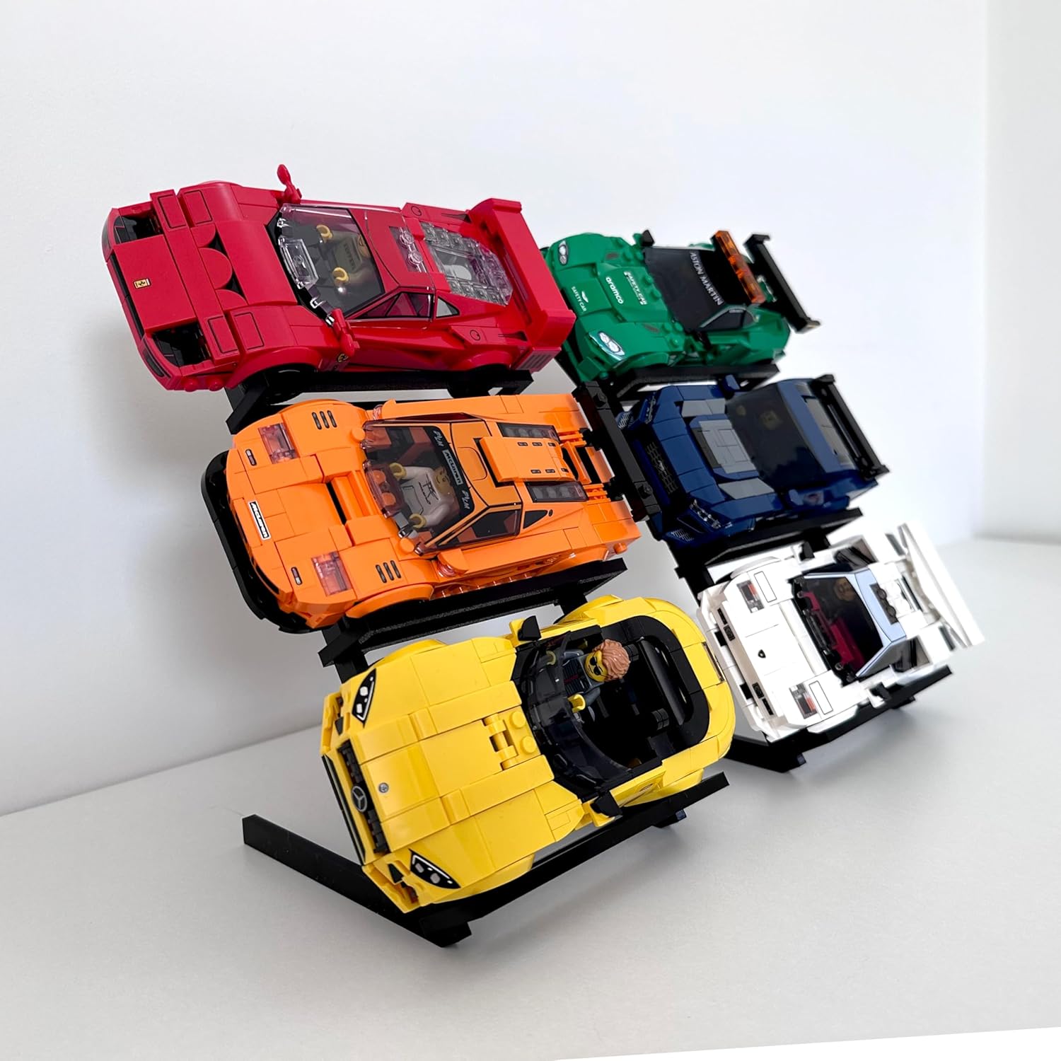 | Display Stand for LEGO Speed Champions Cars – 60° Tiered Holder | No Tools Setup | Holds 6 Cars | Horizontally Expandable – Ideal for Brick Car & F1 Garage Desk Display Rack