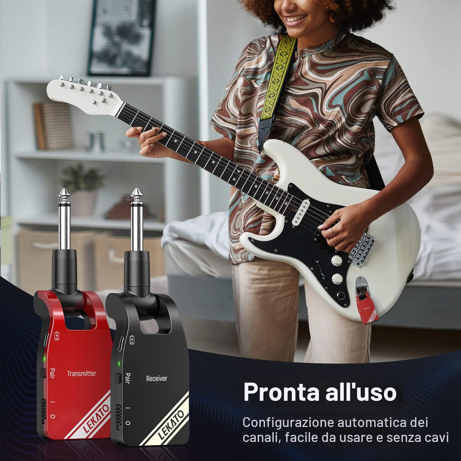 LEKATO Ssystem per chitarra wireless aggiornato 2,4 GHz Audio digitale per chitarra Trasmettitore wireless Ricevitore Batteria al litio ricaricabile incorporata Cavo wireless