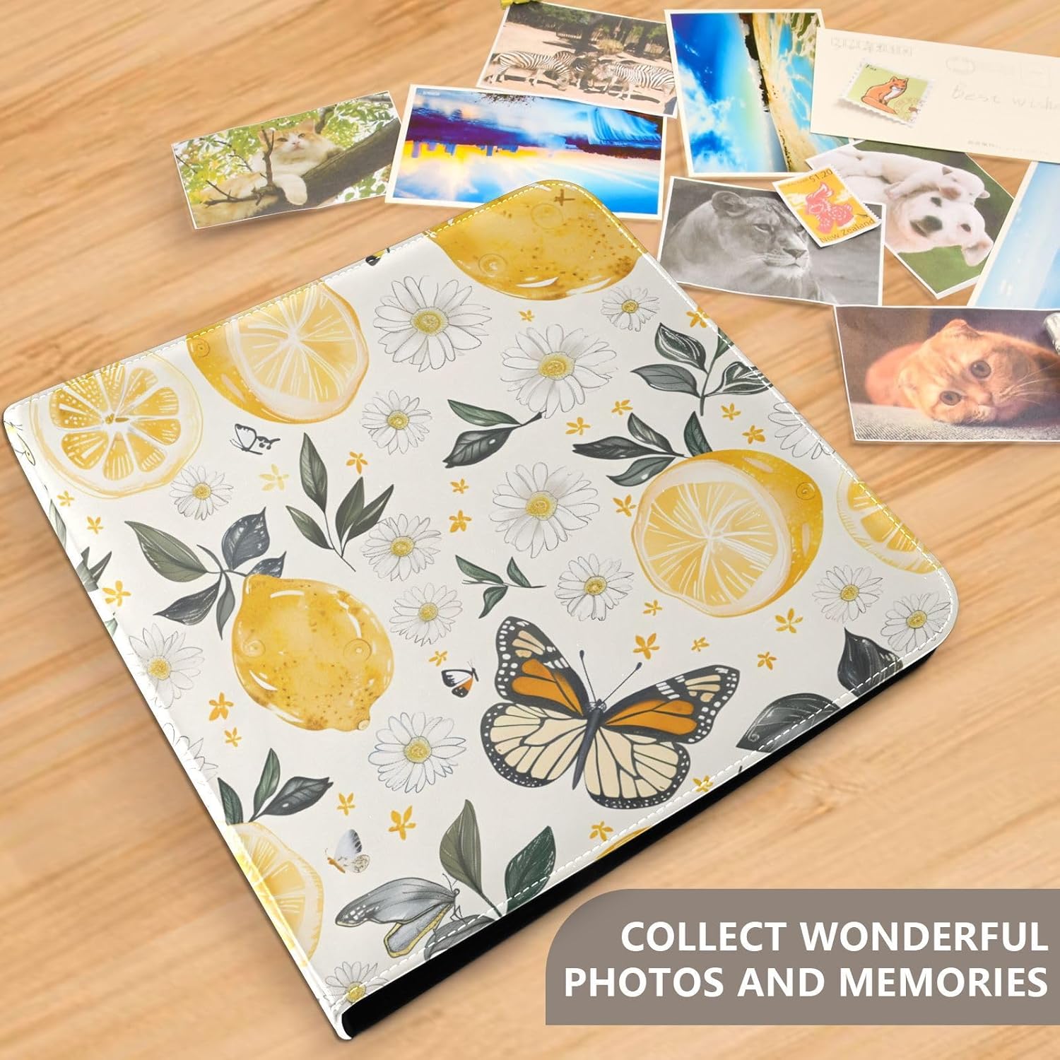 JIPONI Lemons Flowers and Butterflies Large Photo Album, DIY Leather Cover Scrapbook Albums for 4x6 5x7 6x8 Pictures, Self Adhesive Memory Book for Wedding, Baby, Family