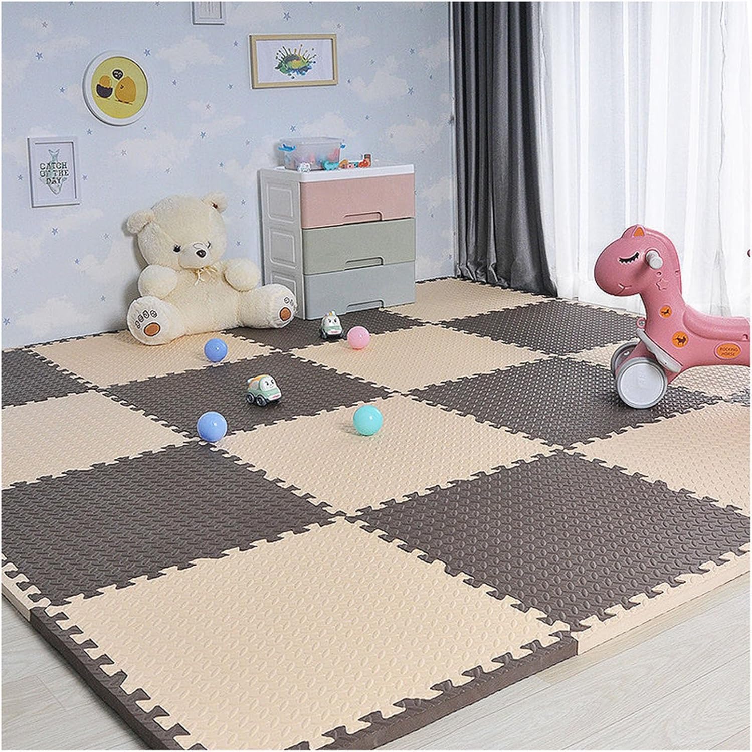 JvFbjLF 10 Pcs 30cm/60cm Foam Floor Tiles Square Interlocking Floor Mat DIY Puzzle Play Mat(Coffee+Beige,24x24inch)