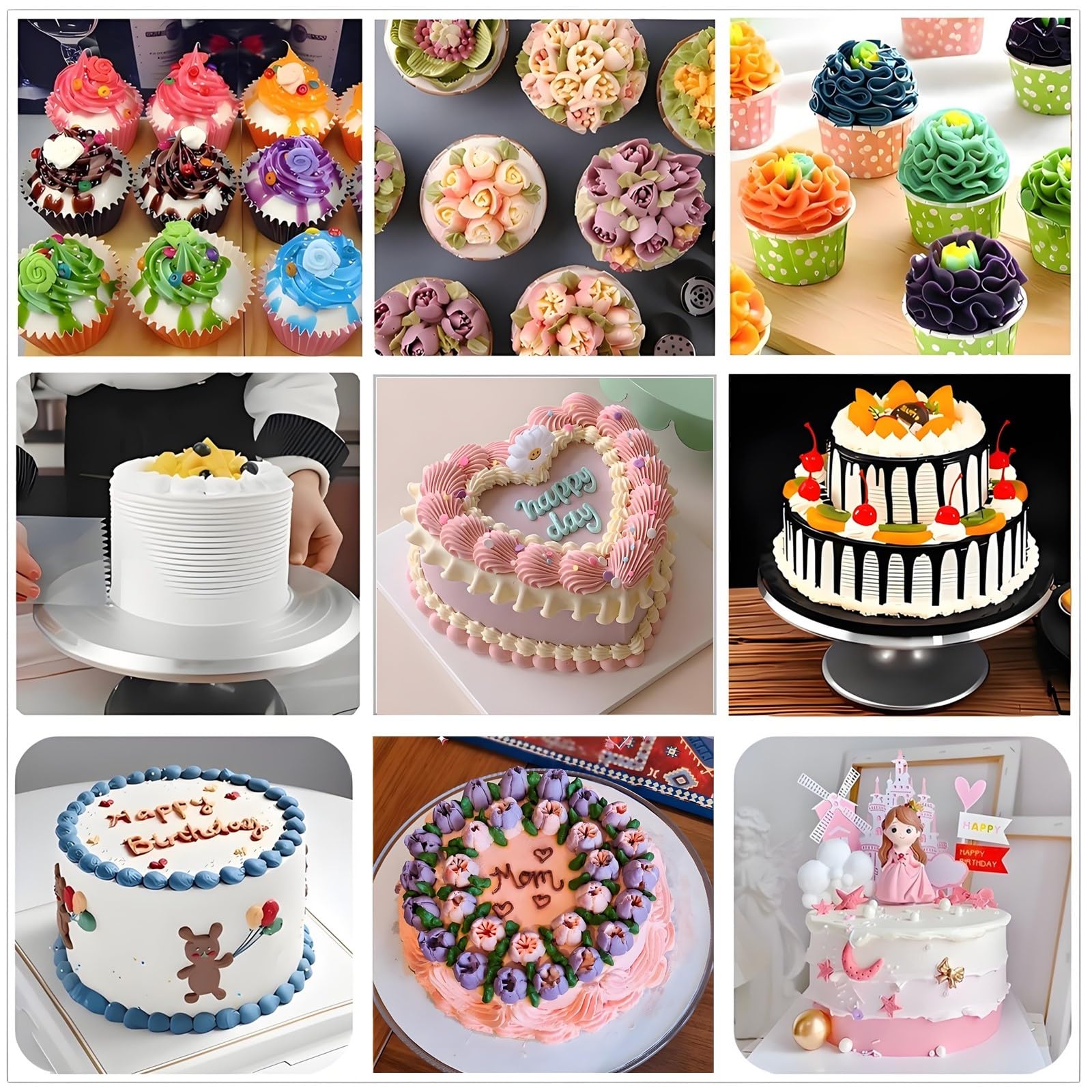 307 piezas Kit de decoración de tartas con tocadiscos giratorios de aleación de aluminio, 58 puntas de tubo, espátula de glaseado, cortador, bolsa de pastelería, herramientas de glaseado para