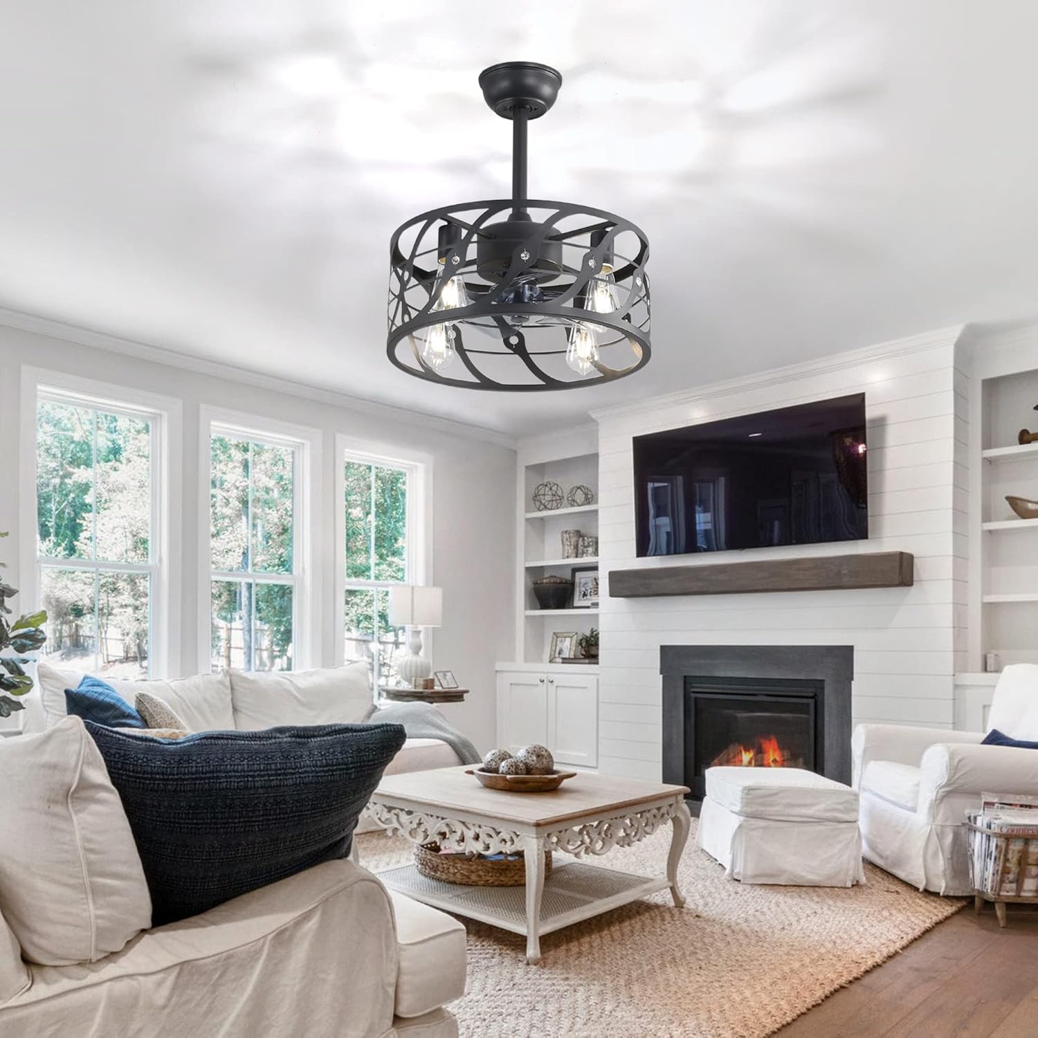 YUEGOO Ceiling Fans with Lamps,6 Speed Reversible Timer Ceiling Fans with Lights and Remote Silent Industrial Black Adjustable 3 Color Temperature Ceiling Fan with Lighting for Living Room/E