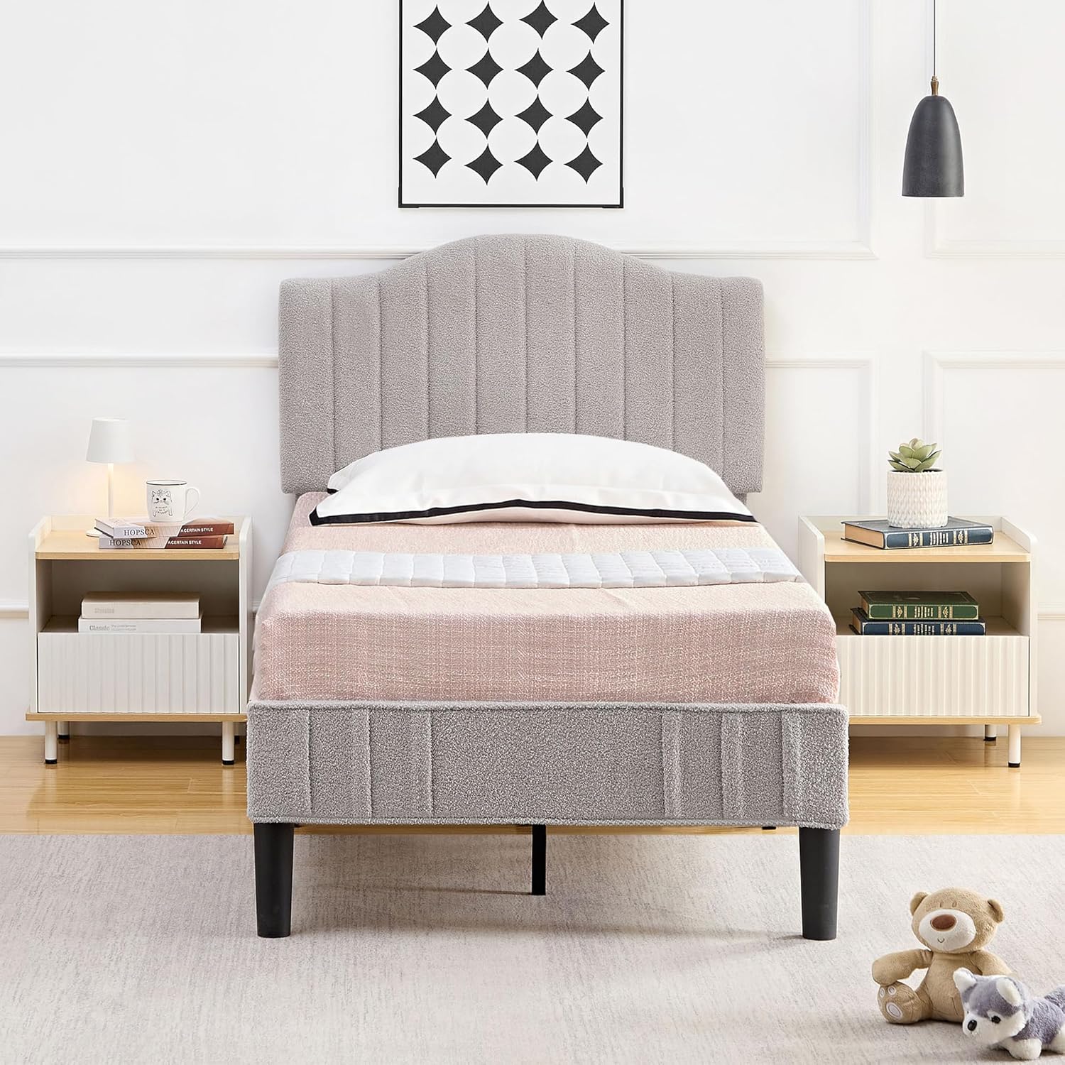 VECELO Twin Size Bed Frame, Upholstered Platform Beds with Height-Adjustable Teddy Fabric Headboard/Strong Wood Slats Supports / 7.9'' Under Bed Storage Space/Noise Free/No Box Spring Needed, Grey