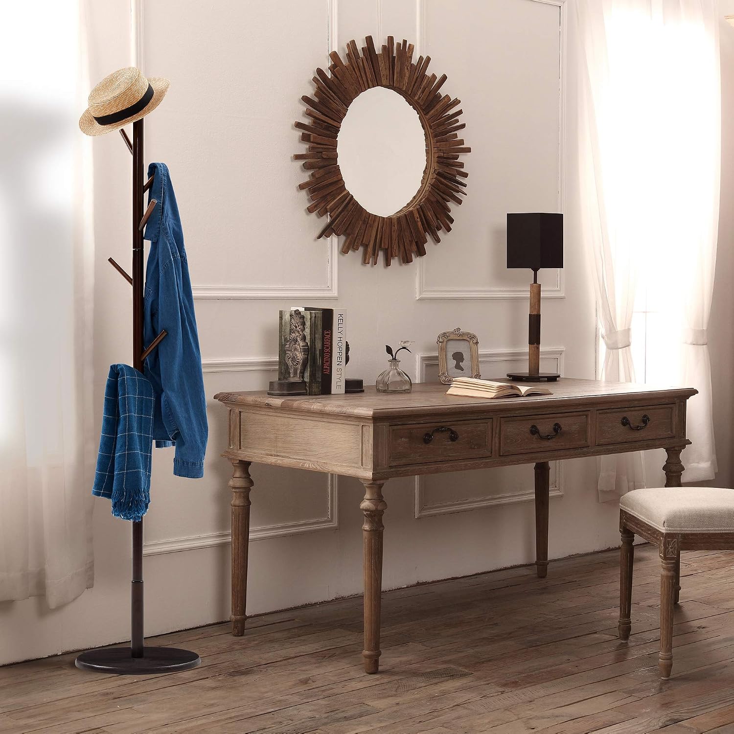 Wooden Coat Rack Stand, Tree Freestanding with 3 Sections 8 Hooks Solid Round Base, Hall Clothes Holder Handbag Scarves Hat Hanger Organizer Standing for Hallway Entryway of Living Room Bedroom Office
