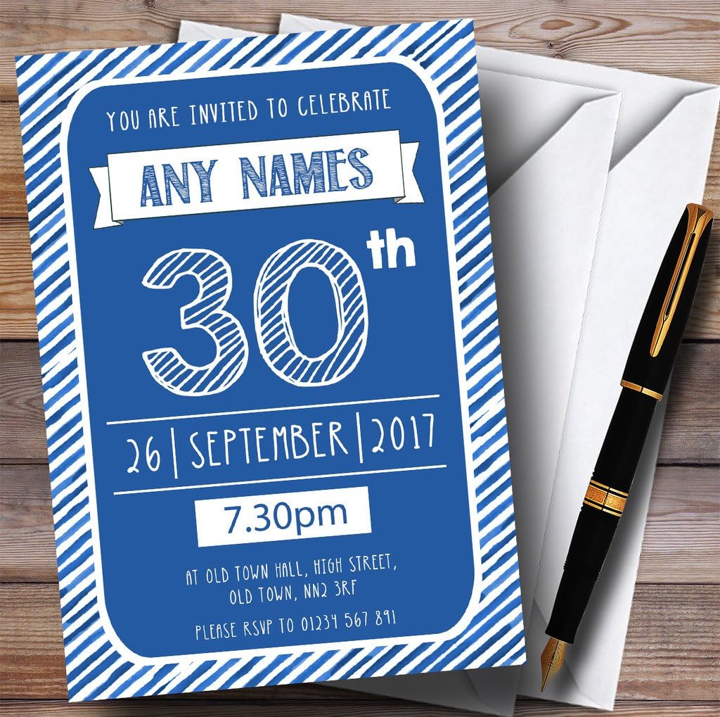Blue & White Stripy Deco 30th Personalized Birthday Party Invitations