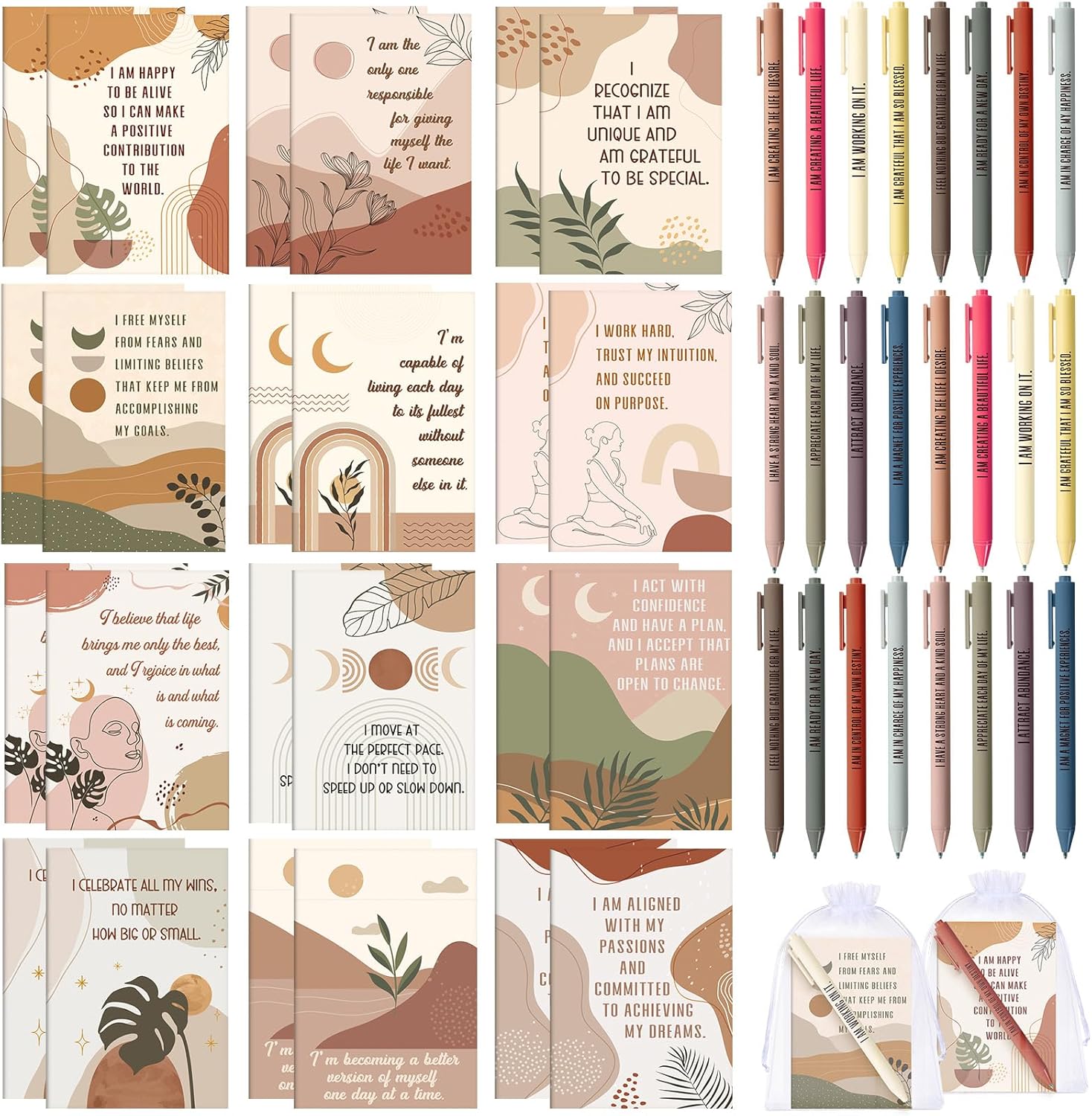 24 Set/48 Pcs Positive Affirmation Gift Set Gratitude Notebooks with Pens Small Bags Motivational Encouragement Notepads Daily Affirmations Journal for Women Stress Relief Self Care (Abstract) 48 Abstract