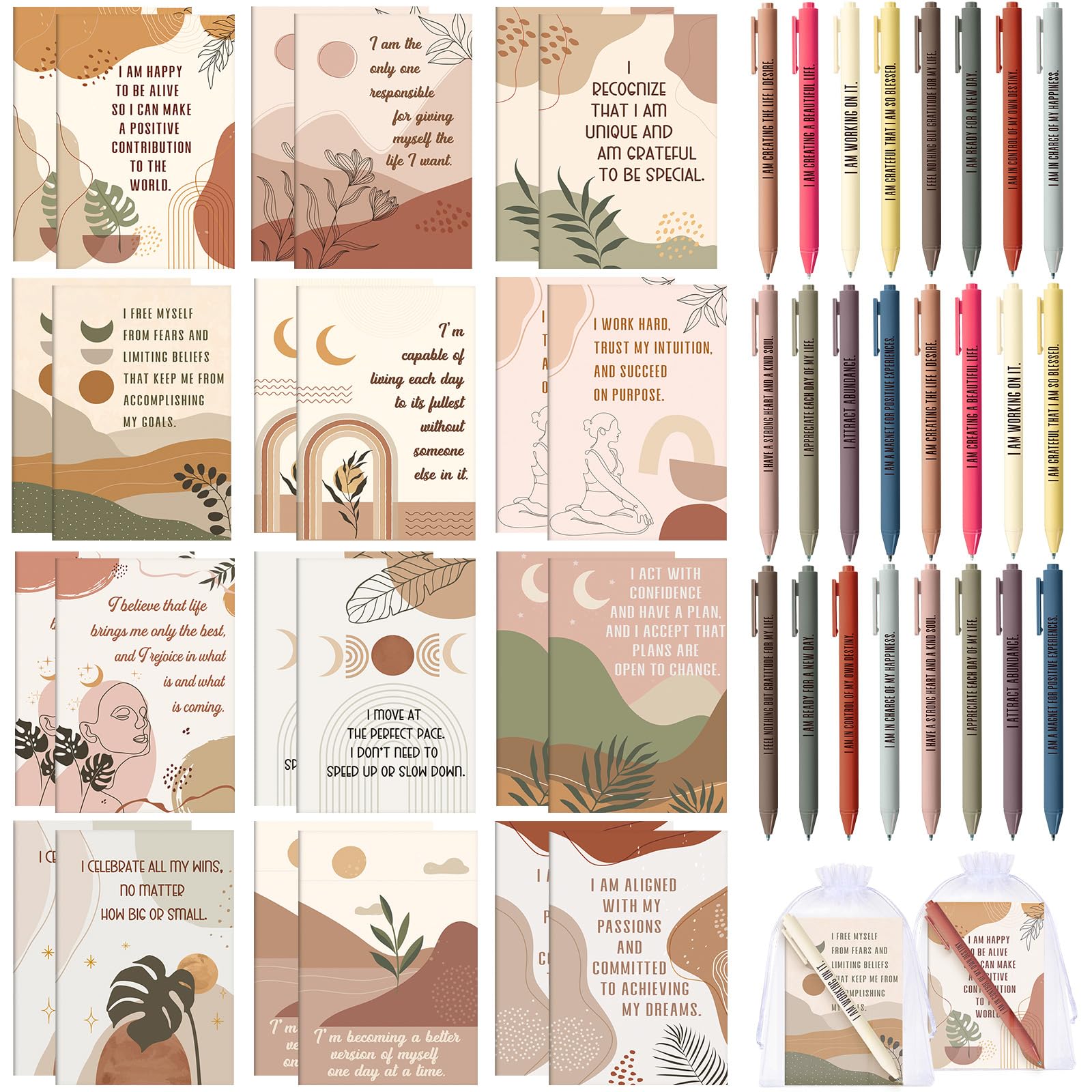 Mooliwe 48 Pcs Positive Affirmation Gift Set Gratitude Notebooks with Pens Small Bags Motivational Encouragement Notepads Daily Affirmations Journal
