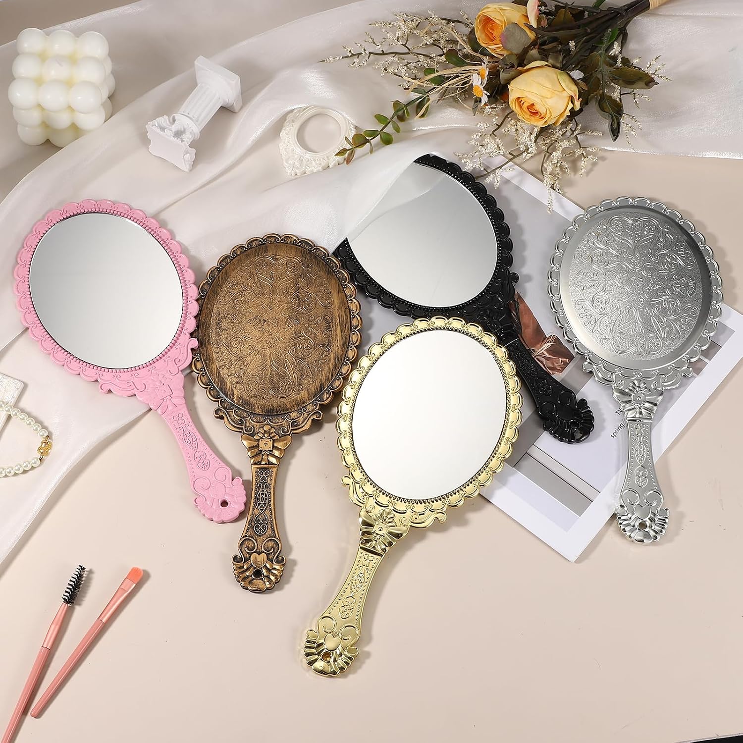 uxcell 1 Pcs Vintage Hand Held Mirror, Embossed Design Portable Hand Vanity Mirrors Single Side with Hook Hole for Bedroom, Bathroom, Travel, & Makeup Use, Beige Pink(Oval) image 4