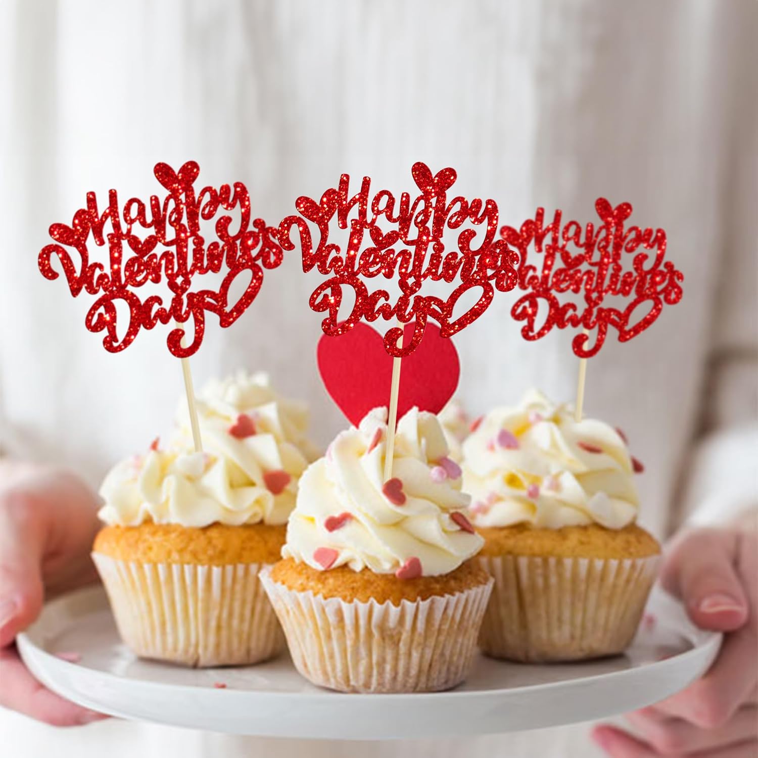 Ephlyn 24Pcs Happy Valentine's Day Cupcake Toppers Glitter Sweet Love Cupcake Food Picks Valentine Cupcake Topper for Happy Valentine's Day Birthday Party Cake Decorations Supplies Red - Image 5