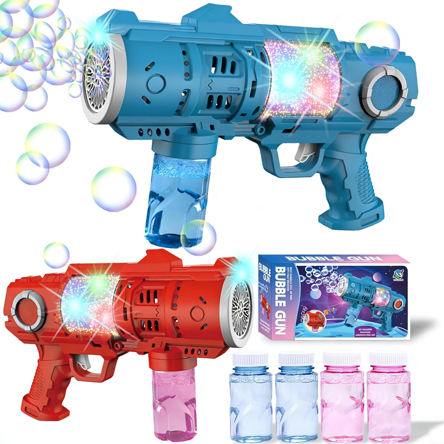2 Packs Bubble Gun for Kids, 20Hole Automatic Bubble Machine Gun Blaster with LED Light, Leak-Proof Bubble Blower for Toddlers Boys Girls Ages 4-12,Easter Basket Stuffers Party Favor Outdoor Kids Toys