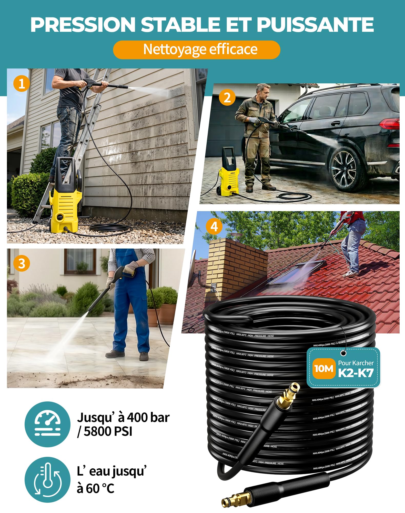 10M Tuyau pour Karcher K2 K3 K4 K5 K6 K7 Flexible pour Karcher Nettoyeur Haute Pression Pièces Détachées Rallonge Tuyau de Rechange
